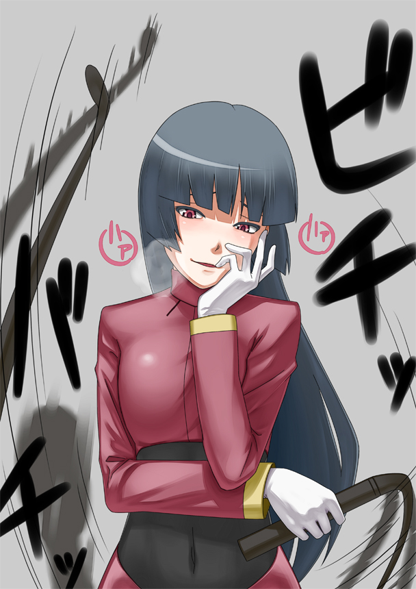 gonoike biwa, sabrina (pokemon), nintendo, pokemon, pokemon rgby, bad id, bad pixiv id, 1990s (style), 1girl, black hair, blush, breath, female focus, gloves, gym leader, hime cut, long hair, naughty face, red eyes, retro artstyle, solo, whip