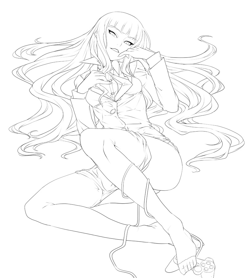 ban! (bansankan), female protagonist (houkago play), houkago play, bad id, bad pixiv id, 1girl, clothes pull, controller, feet, female focus, full body, game console, game controller, greyscale, joystick, lineart, long hair, long sleeves, lying, monochrome, no shoes, on back, pantyhose, pantyhose pull, sketch, solo, very long hair