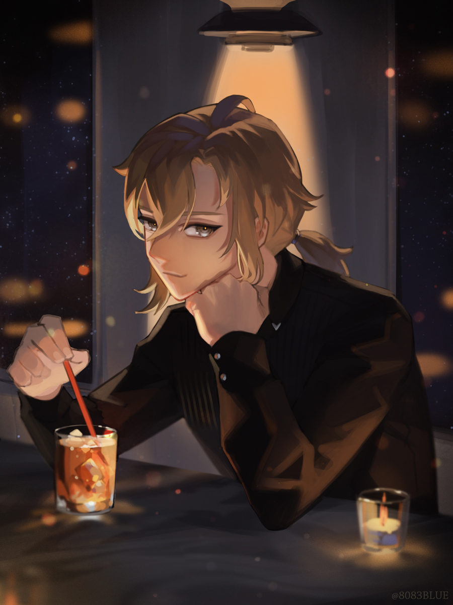 8083 blue, hakaze kaoru, ensemble stars!, highres, 1boy, alcohol, arm on table, black jacket, brown eyes, brown hair, candle, head rest, ice, ice cube, jacket, light particles, long sleeves, looking at viewer, male focus, ponytail, ringed eyes, signature, smile, solo, stirring rod, upper body