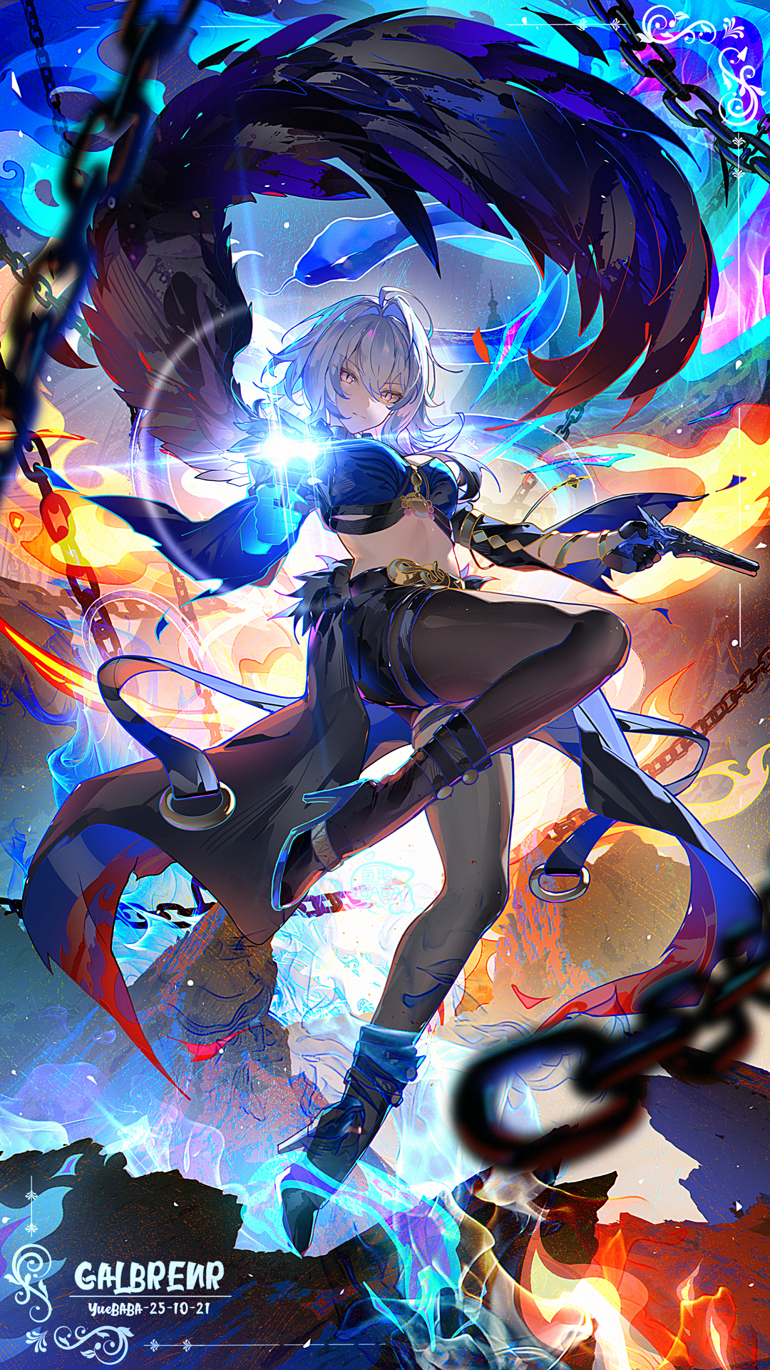 yu e baba, galbrena (wuthering waves), wuthering waves, highres, 1girl, aiming, aiming at viewer, black boots, black gloves, black pantyhose, black shorts, black thighhighs, blue bra, boots, bra, breasts, character name, closed mouth, dated, dual wielding, full body, gloves, grey hair, gun, hair between eyes, high heel boots, high heels, holding, holding gun, holding weapon, large breasts, looking at viewer, medium hair, mutation, pantyhose, purple eyes, shorts, single glove, single leg pantyhose, single thighhigh, solo, stomach, thighhighs, typo, underwear, weapon