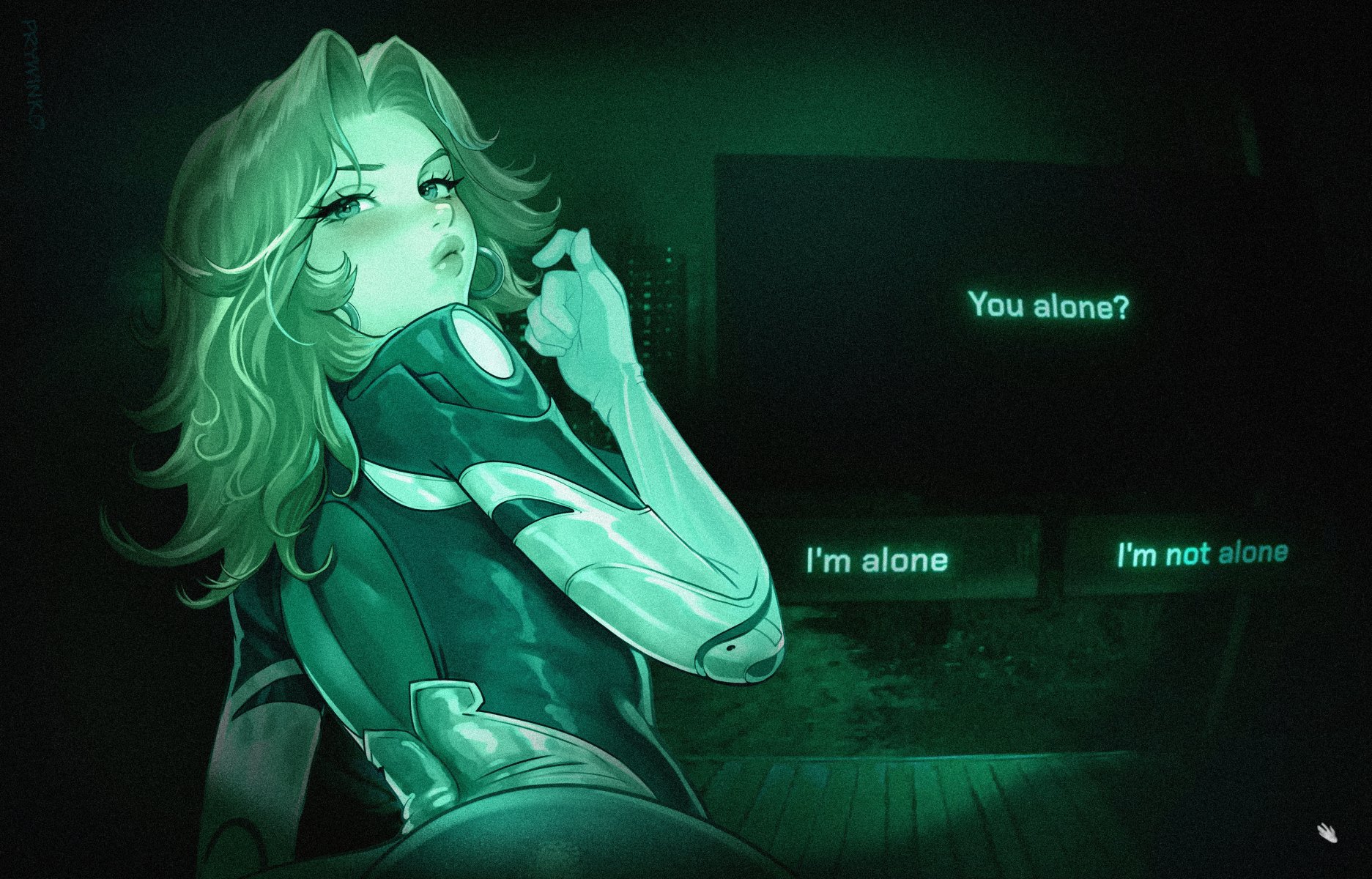 prywinko, sue storm, fantastic four, marvel, no i'm not a human, highres, 1girl, blonde hair, blush, bodysuit, english text, from behind, hand up, lips, looking at viewer, looking back, medium hair, solo, twirling hair