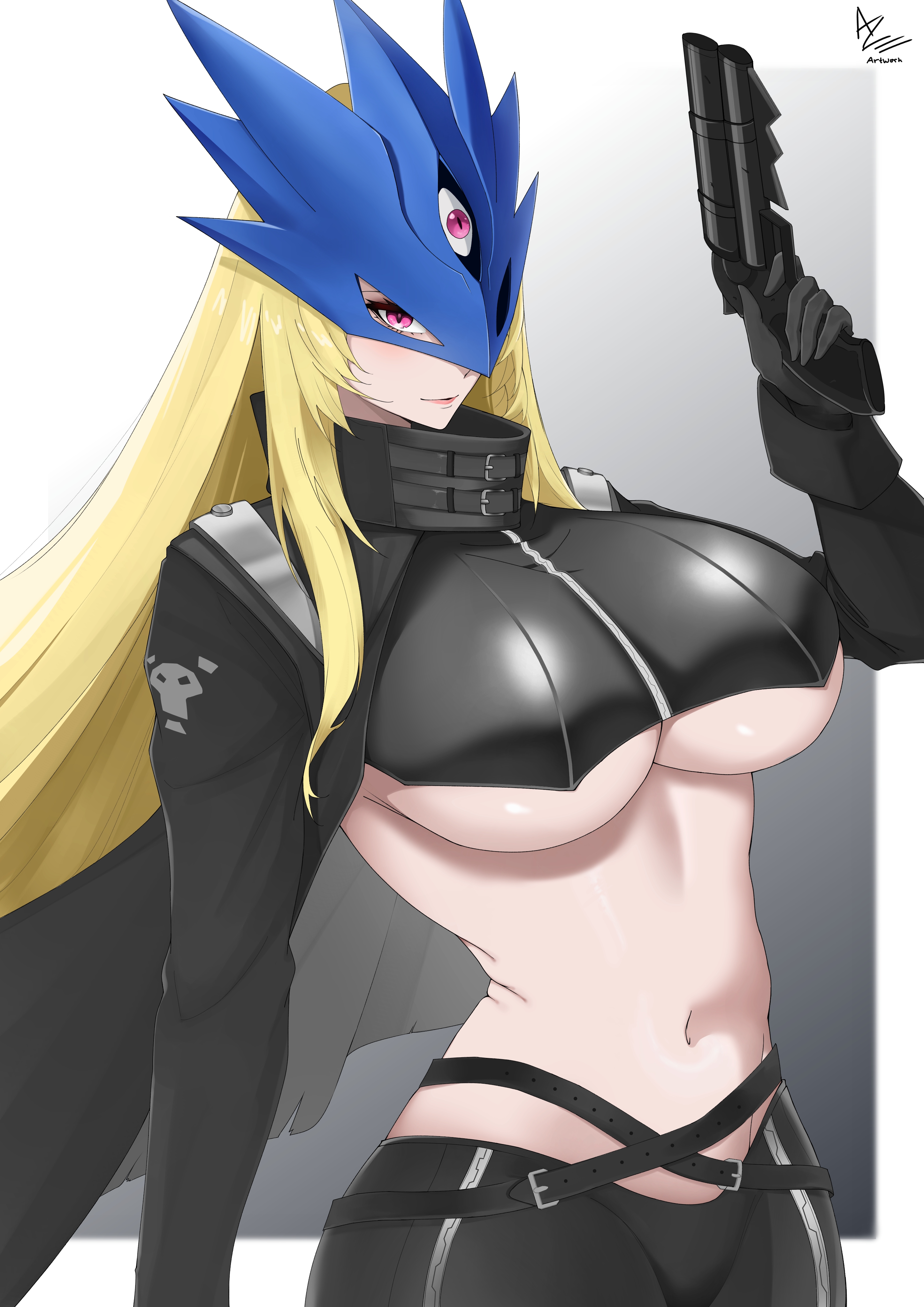 razes, beelstarmon, digimon, absurdres, commentary, highres, 1girl, artist name, belt, black belt, black coat, black gloves, black pants, black vest, blonde hair, blue mask, breasts, closed mouth, coat, cowboy shot, cropped vest, digimon (creature), eye mask, gloves, groin, gun, hand up, holding, holding gun, holding weapon, large breasts, leather, leather pants, long hair, looking at viewer, mask, multiple-barrel gun, navel, open clothes, open coat, pants, purple eyes, sidelocks, signature, skull print, solo, standing, stomach, third eye, tight clothes, tight pants, underboob, vest, weapon, zipper
