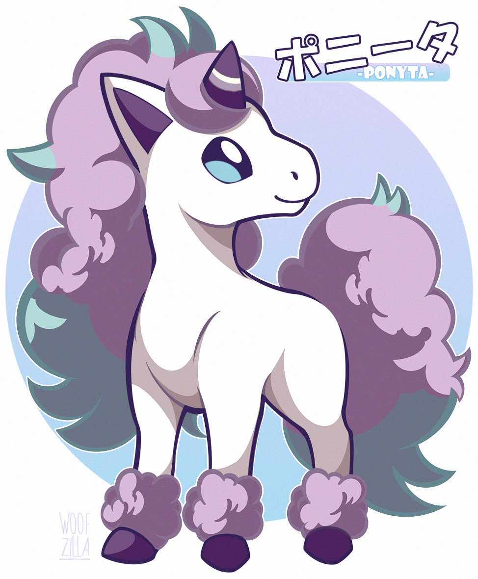 woofzilla, galarian ponyta, nintendo, pokemon, commentary, english commentary, translation request, animal focus, blue eyes, bright pupils, full body, galarian form, gen 8 pokemon, no humans, pokemon (creature), smile, solo, white pupils