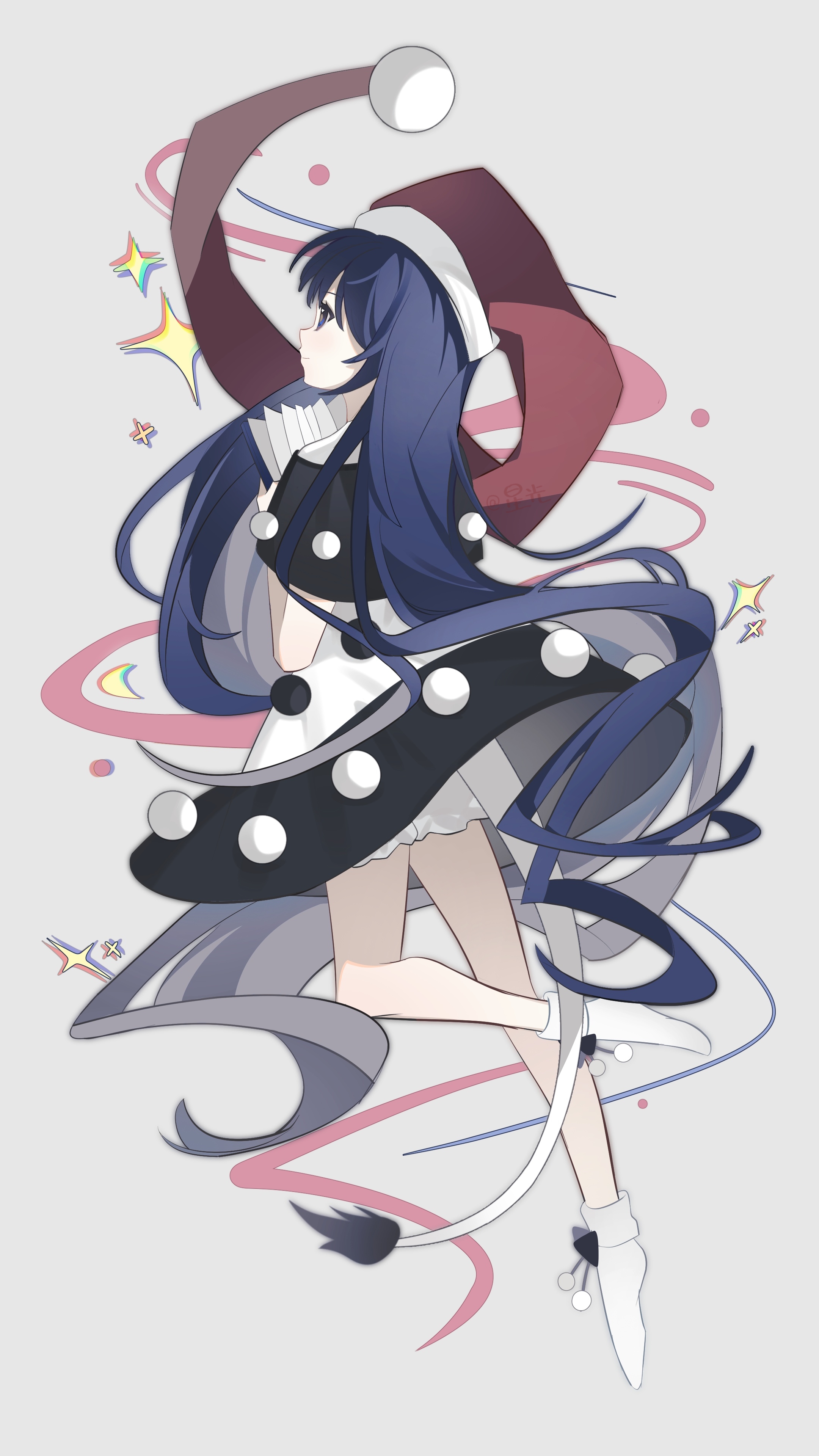 xingxingxing guangguang, doremy sweet, touhou, absurdres, highres, 1girl, blue eyes, blue hair, blush, book, capelet, dream soul, dress, hat, holding, nightcap, pom pom (clothes), red hat, short hair, short sleeves, smile, solo, tail, tapir tail
