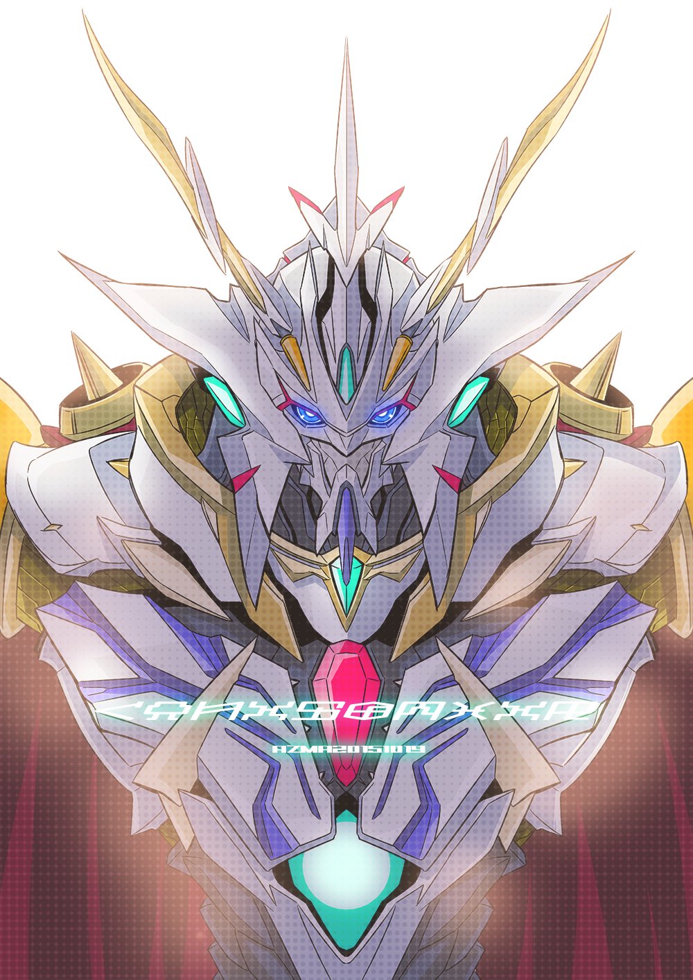 as'maria, omegamon x-antibody, digimon, digital monster x-evolution, highres, armor, blue eyes, cape, digimoji, digimon (creature), glowing, horns, mecha, red cape, robot, shoulder armor, solo, standing, two-sided cape, two-sided fabric, white armor, white cape, x-antibody
