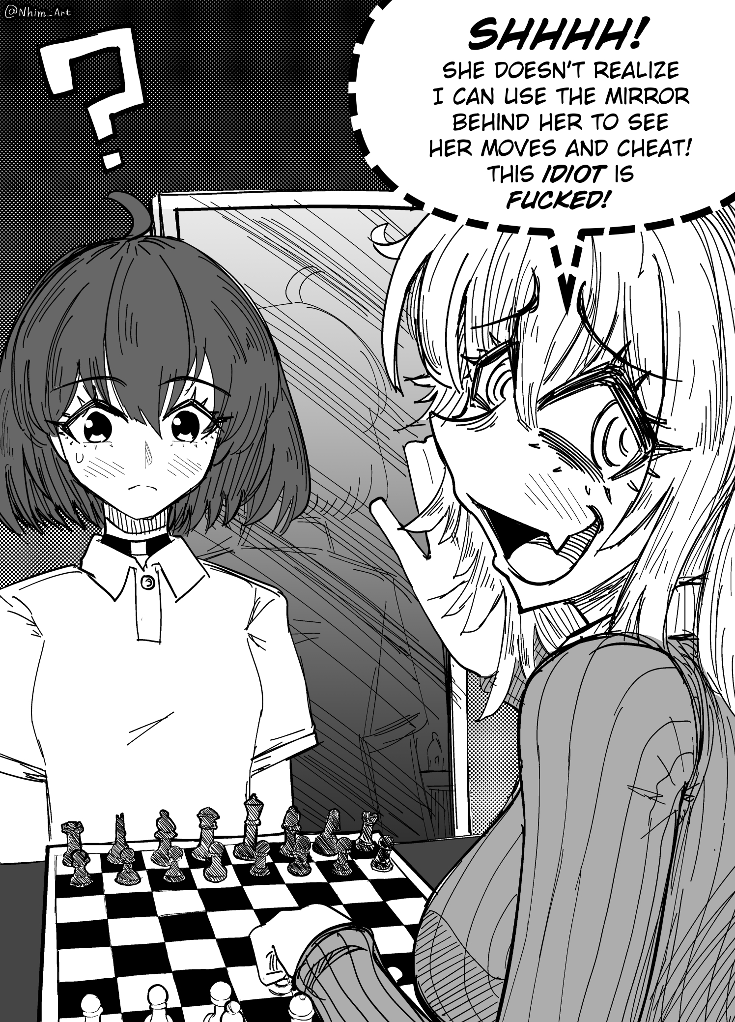 nhim, mimi (nhim), original, commentary, english commentary, highres, 2girls, ?, @ @, artist name, bags under eyes, board game, breasts, cheating (competitive), chess, choker, elise (nhim), english text, fang, greyscale, large breasts, long hair, looking at viewer, mirror, monochrome, multiple girls, profanity, skin fang, small breasts, sweatdrop, sweater, whispering