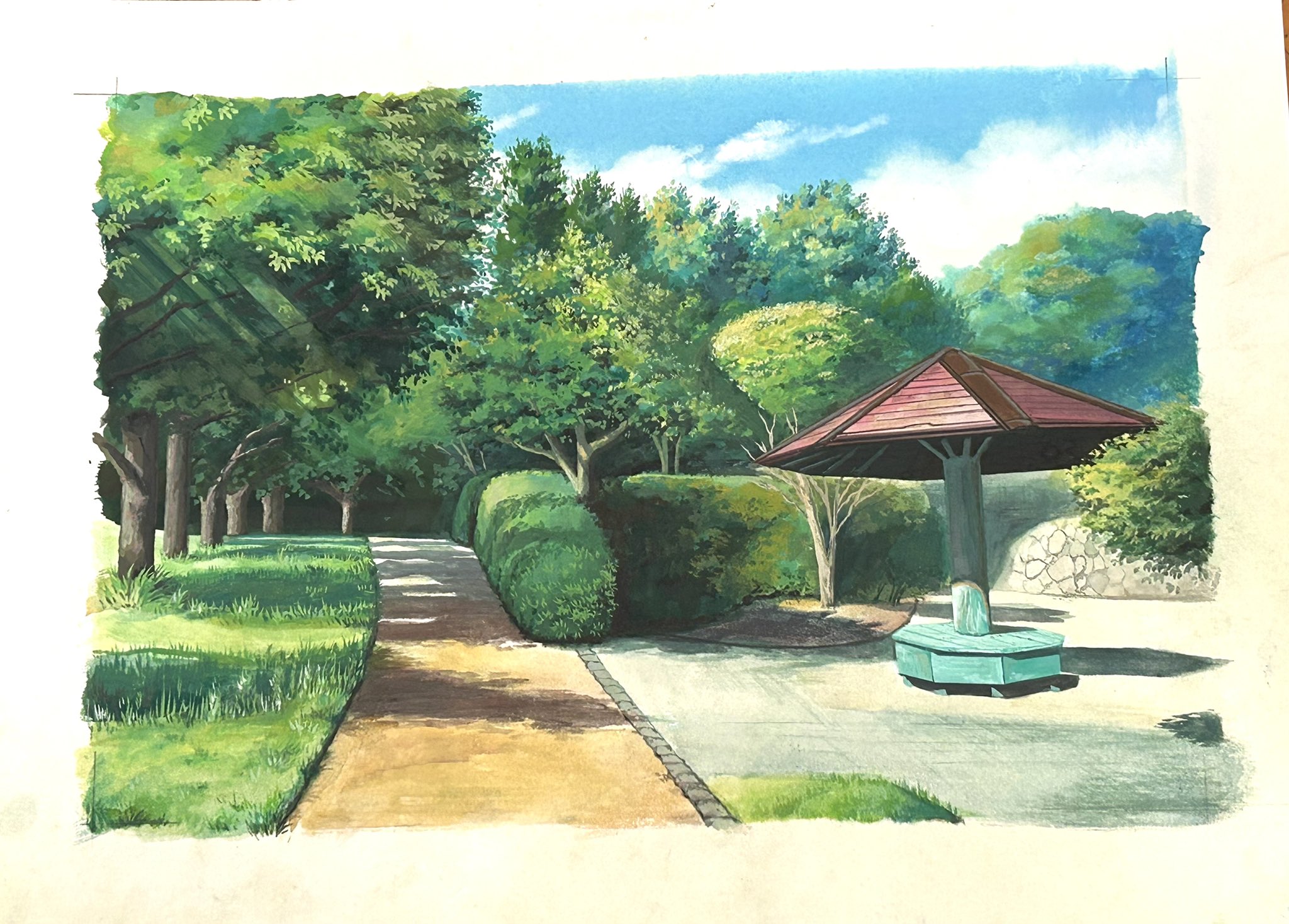 atsumori177, original, highres, blue sky, bush, cloud, day, hedge, no humans, outdoors, park, path, road, scenery, shelter, sky, sunlight, tree, tree shade