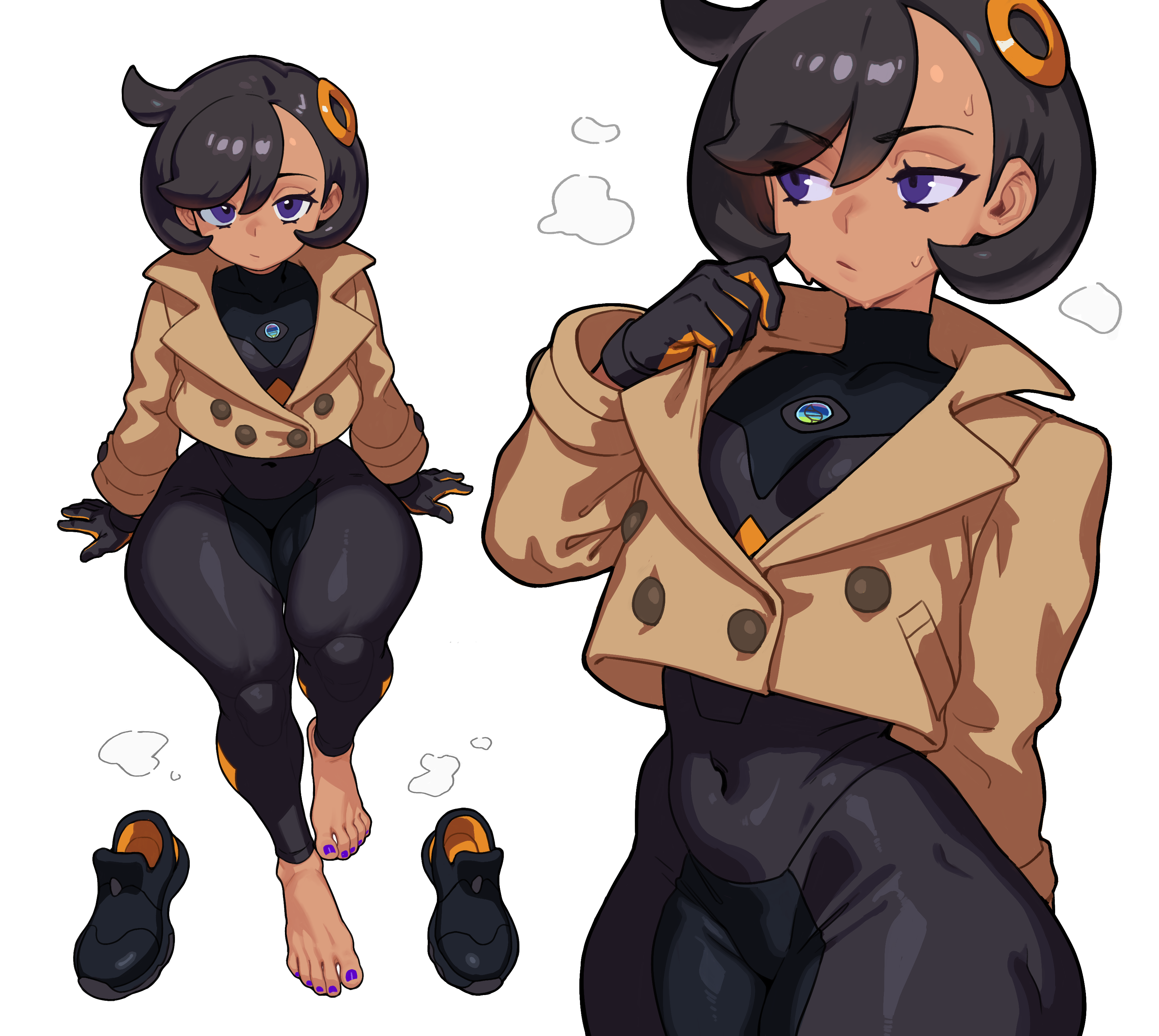 bingbingzi, emma (pokemon), nintendo, pokemon, pokemon legends: z-a, absurdres, chinese commentary, commentary request, highres, 1girl, aged up, arm support, barefoot, black bodysuit, black gloves, black hair, black shoes, bodysuit, bodysuit under clothes, breasts, brown jacket, closed mouth, covered navel, cowboy shot, dark-skinned female, dark skin, full body, gloves, hair between eyes, hair ornament, invisible chair, jacket, latex, latex bodysuit, looking at viewer, looking to the side, medium breasts, mega stone, nail polish, orange gloves, purple eyes, purple nails, shoes, short hair, sidelocks, simple background, sitting, standing, steam, sweat, swept bangs, toenail polish, toenails, two-tone gloves, unworn shoes, white background