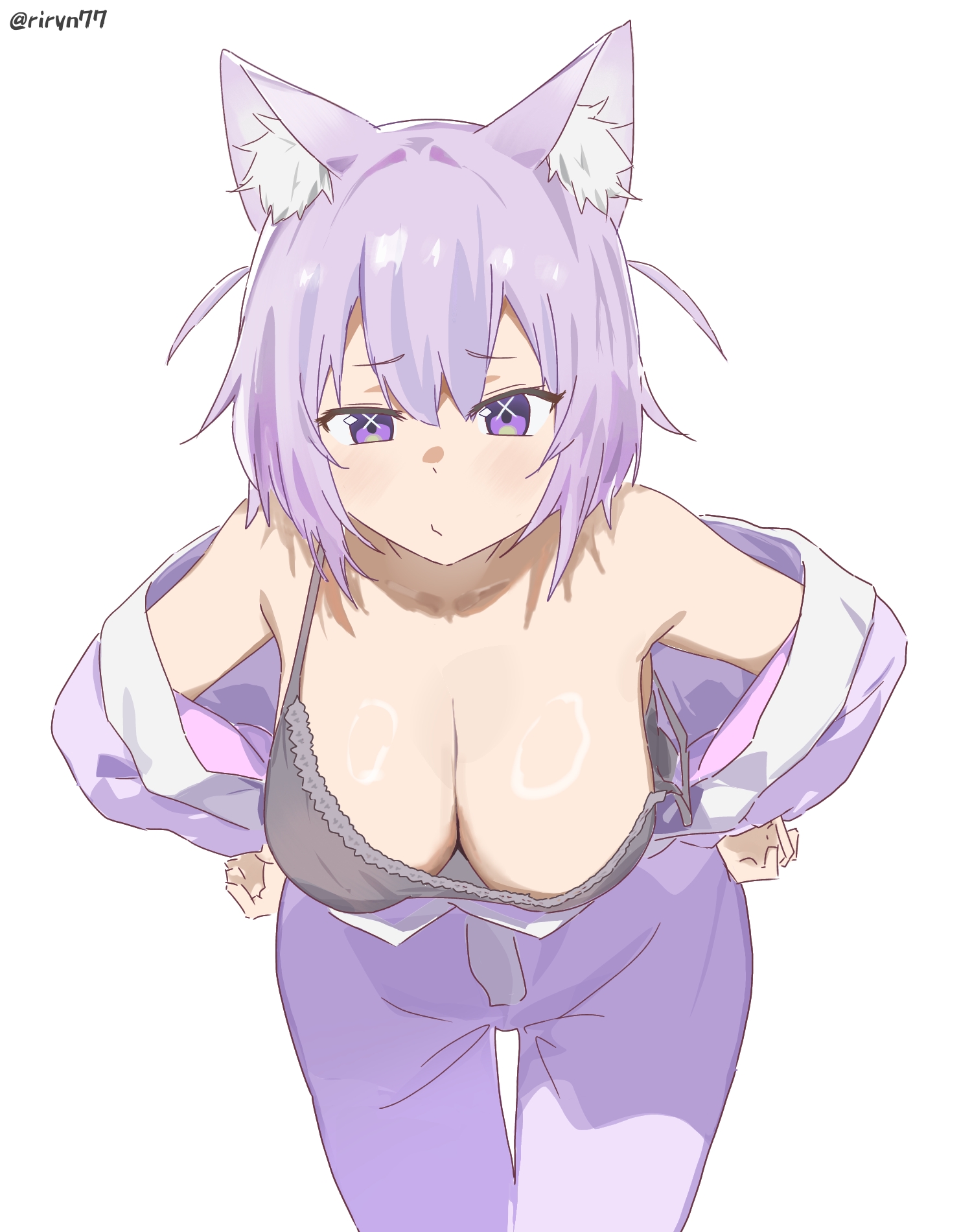 riryn77, nekomata okayu, hololive, highres, 1girl, animal ear fluff, animal ears, blue eyes, blue hair, blue jumpsuit, blue pajamas, breasts, cat ears, cat girl, cleavage, furrowed brow, hands on own hips, hanging breasts, jumpsuit, large breasts, leaning forward, off shoulder, open jumpsuit, pajamas, short hair, solo, strap slip, symbol in eye, virtual youtuber, x (symbol)