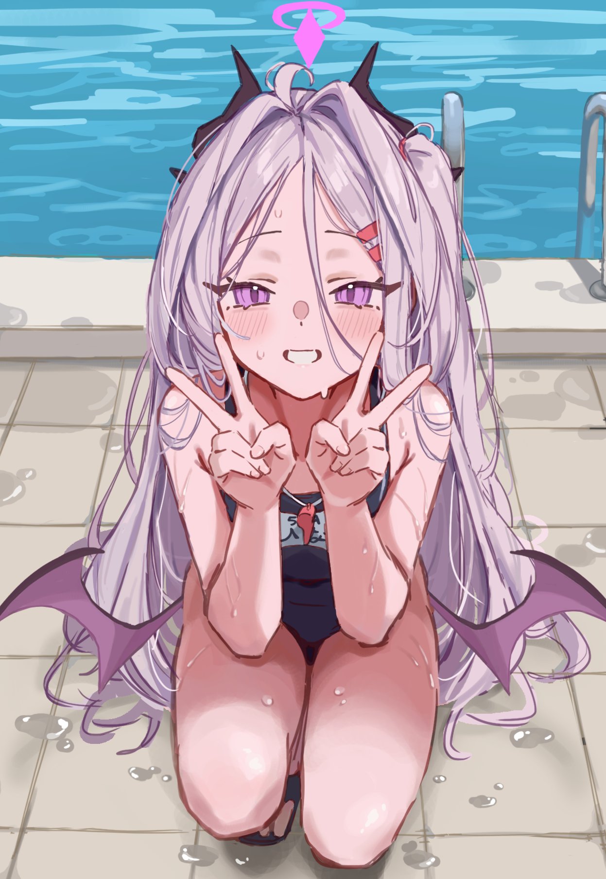 masute, hina (blue archive), hina (swimsuit) (blue archive), blue archive, highres, 1girl, ahoge, demon girl, demon horns, demon wings, halo, horns, long hair, looking at viewer, low wings, old school swimsuit, open mouth, pool, poolside, purple eyes, school swimsuit, smile, solo, swimsuit, v, very long hair, white hair, wings