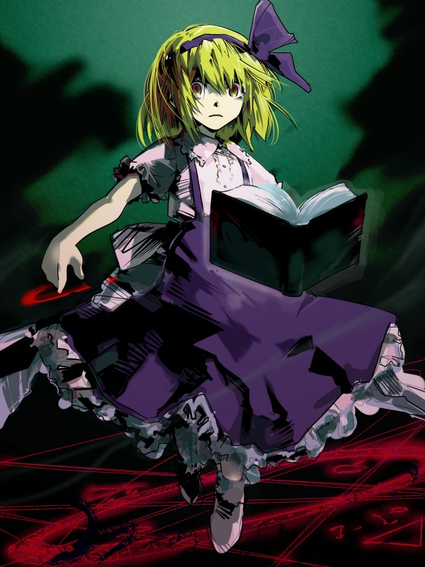 kuruwa (artist), teoshiguruma, alice margatroid, alice margatroid (pc-98), mystic square, touhou, touhou (pc-98), 1girl, blonde hair, book, female focus, hairband, magic circle, ribbon, short hair, solo, standing, standing on magic circle, staring, yellow eyes