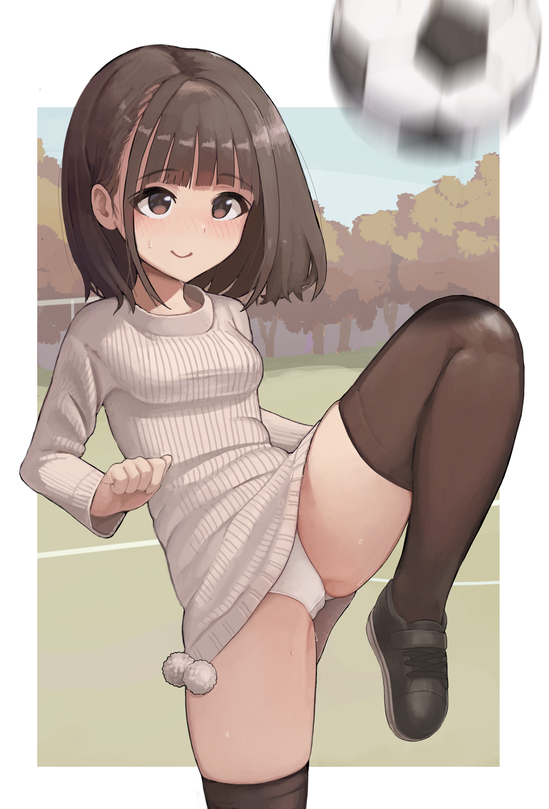susu (ysy), original, absurdres, commentary request, highres, 1girl, ball, black shoes, black thighhighs, border, brown eyes, brown hair, closed mouth, crotch seam, day, dress, foot out of frame, grey sweater, leg up, long sleeves, medium hair, microdress, motion blur, outdoors, outside border, panties, pantyshot, ribbed dress, shoes, smile, soccer ball, solo, standing, standing on one leg, sweat, sweater, sweater dress, thighhighs, underwear, white border, white panties