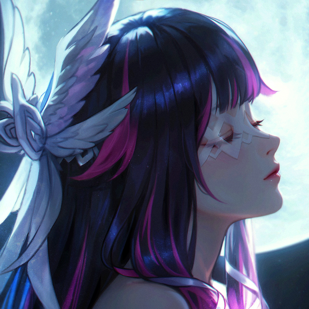 wo jiushi kanbudong, columbina (genshin impact), genshin impact, chinese commentary, commentary request, 1girl, black hair, closed eyes, closed mouth, eye mask, hair ornament, long hair, mask, moon, multicolored hair, portrait, profile, purple hair, solo, streaked hair, wing hair ornament