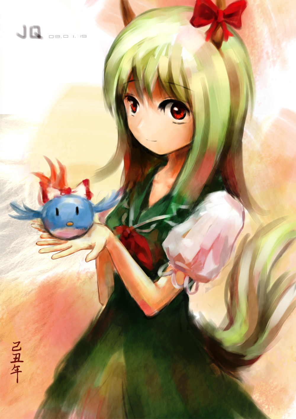 jq3c273, ex-keine, fujiwara no mokou, fujiwara no mokou (phoenix), kamishirasawa keine, touhou, highres, 1girl, bow, dated, dress, female focus, green dress, green hair, hair bow, horn ornament, horn ribbon, horns, light smile, looking at viewer, red eyes, red ribbon, ribbon, signature, solo, | |