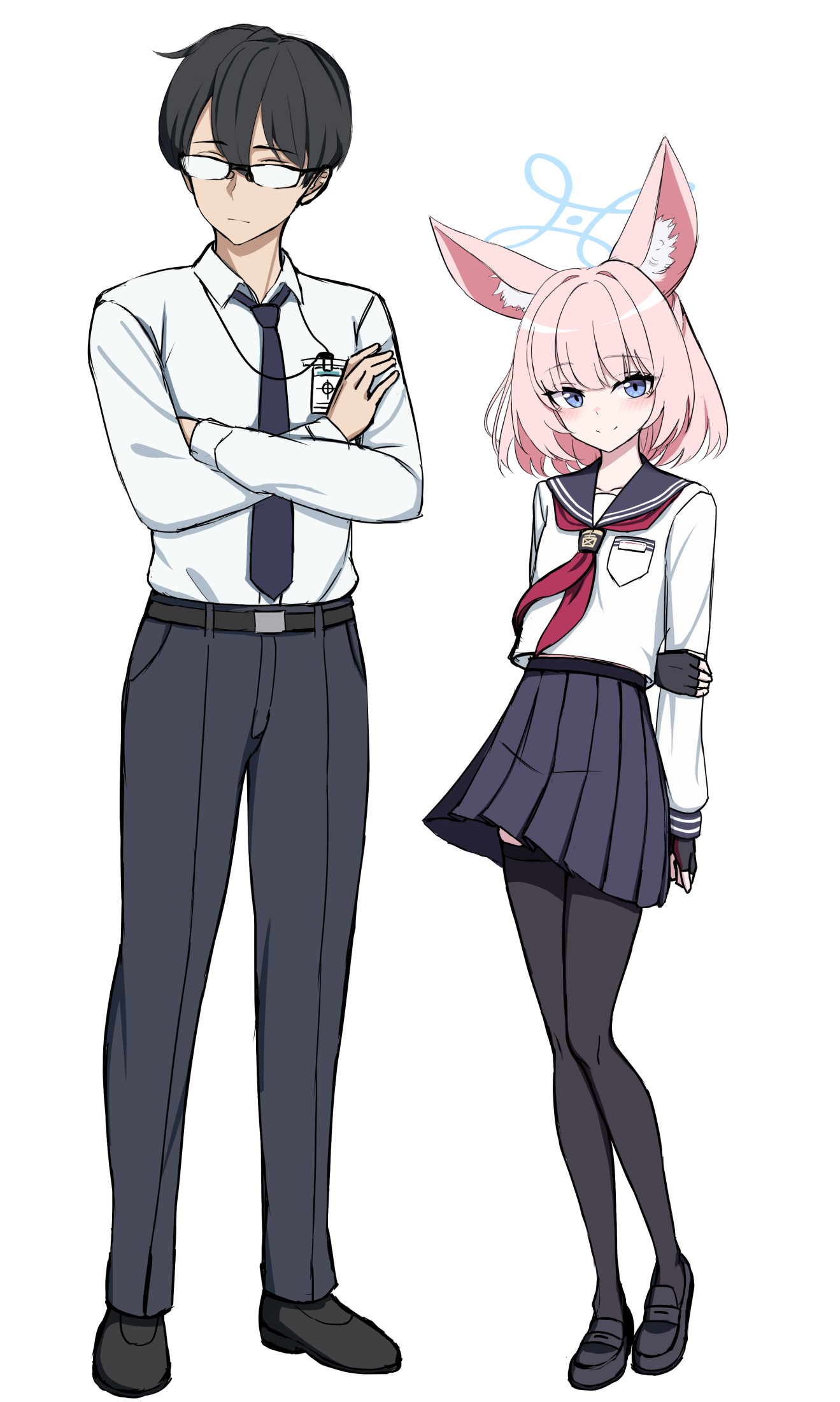 yakob labo, niko (blue archive), sensei (blue archive), blue archive, commentary, highres, symbol-only commentary, 1boy, 1girl, animal ear fluff, animal ears, arm behind back, black gloves, black hair, black shoes, black thighhighs, blue eyes, blue necktie, blue pants, blue sailor collar, blue skirt, blush, breast pocket, closed mouth, collared shirt, crossed arms, fingerless gloves, fox ears, full body, glasses, gloves, halo, holding own wrist, lanyard, loafers, long sleeves, looking at viewer, neckerchief, necktie, pants, pink hair, pleated skirt, pocket, red neckerchief, sailor collar, shirt, shoes, short hair, simple background, sketch, skirt, standing, thighhighs, white background, white shirt