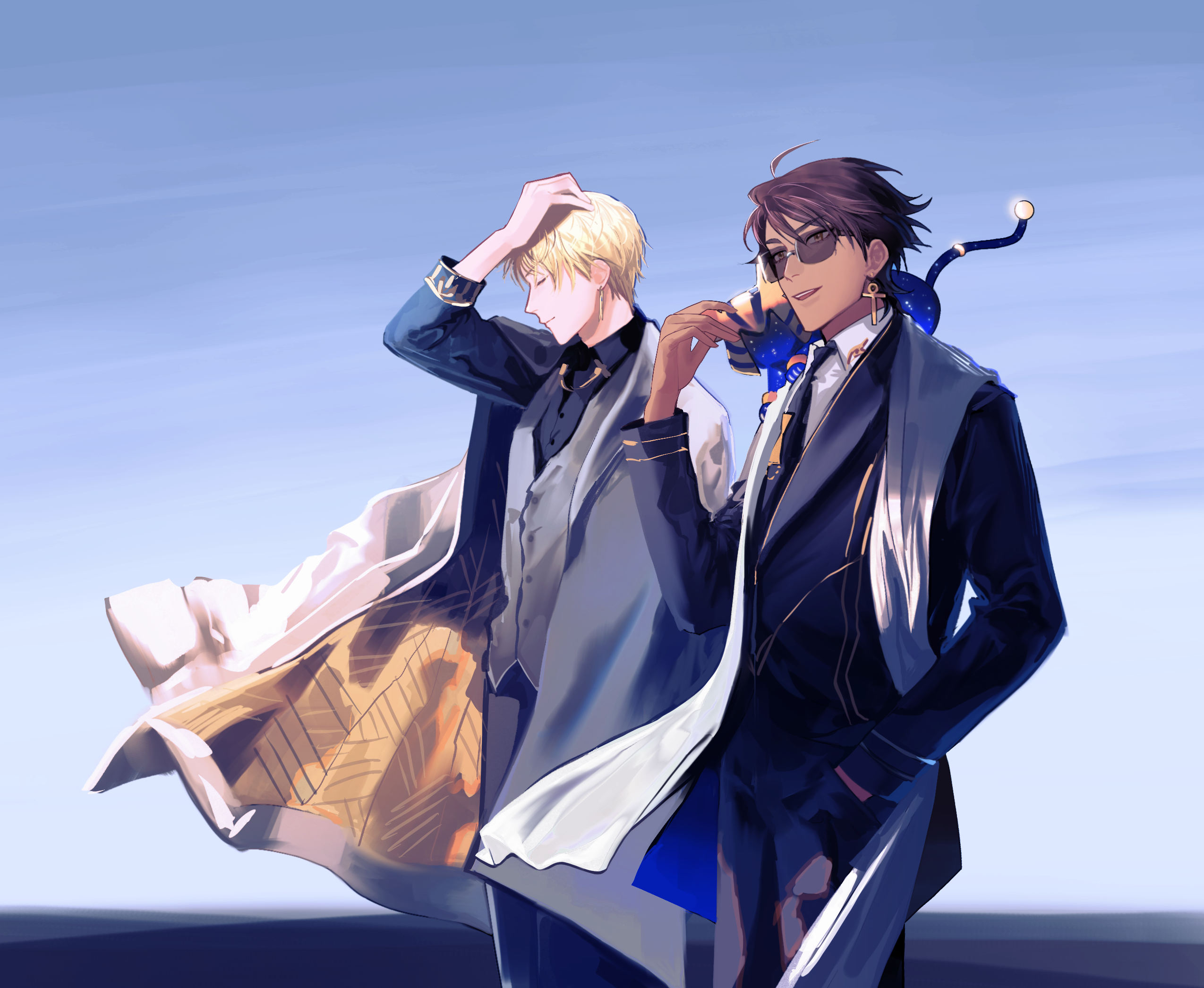 kotomine (a1569), gilgamesh (fate), ozymandias (fate), fate/grand order, fate (series), highres, 2boys, animal, animal on shoulder, ankh earrings, black necktie, black pants, blonde hair, brown hair, cat, cat on shoulder, collared shirt, earrings, grey jacket, hand in pocket, jacket, jewelry, looking ahead, male focus, multiple boys, necktie, pants, shirt, short hair, sunglasses, white shirt