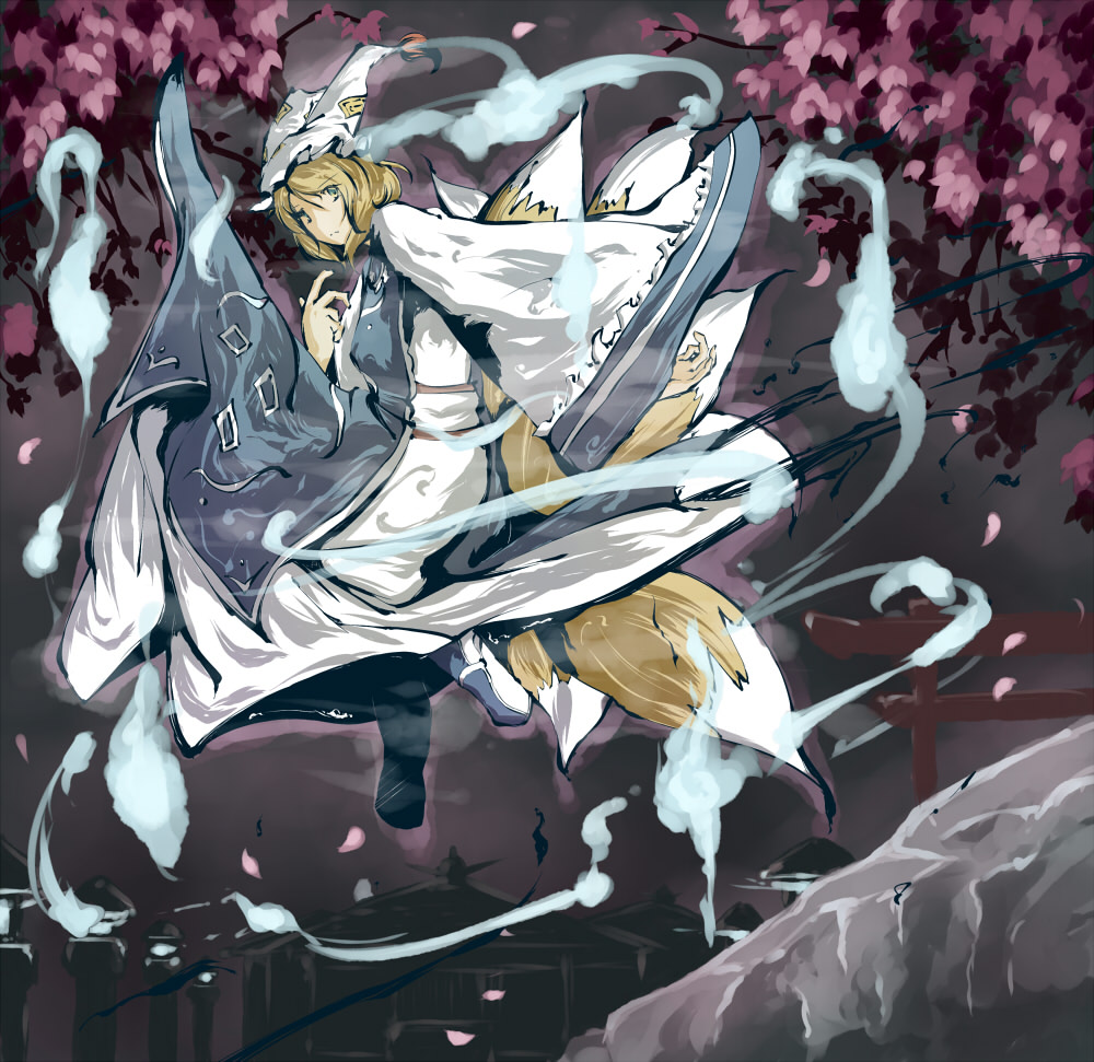 ryuu, ryuu (tsukinoyuki), yakumo ran, touhou, 1girl, animal ears, animal hat, blonde hair, blue fire, cherry blossoms, dress, female focus, fire, floating, fox ears, full body, hat, long sleeves, looking at viewer, mob cap, multiple tails, plant, short hair, solo, tabard, tail, tree, white dress, wide sleeves