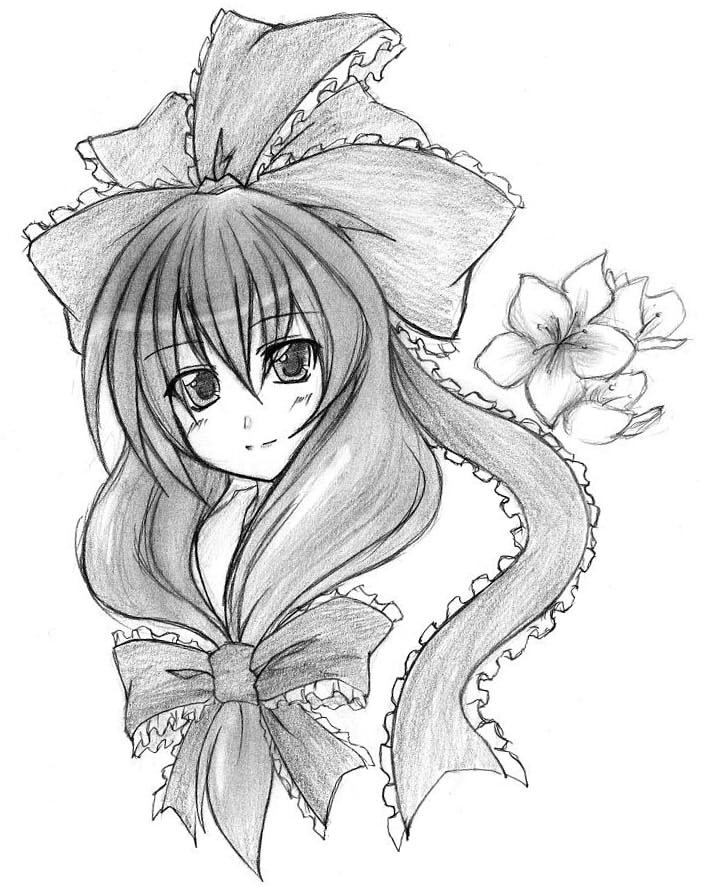 eku, kagiyama hina, touhou, traditional media, 1girl, female focus, flower, front ponytail, greyscale, monochrome, solo