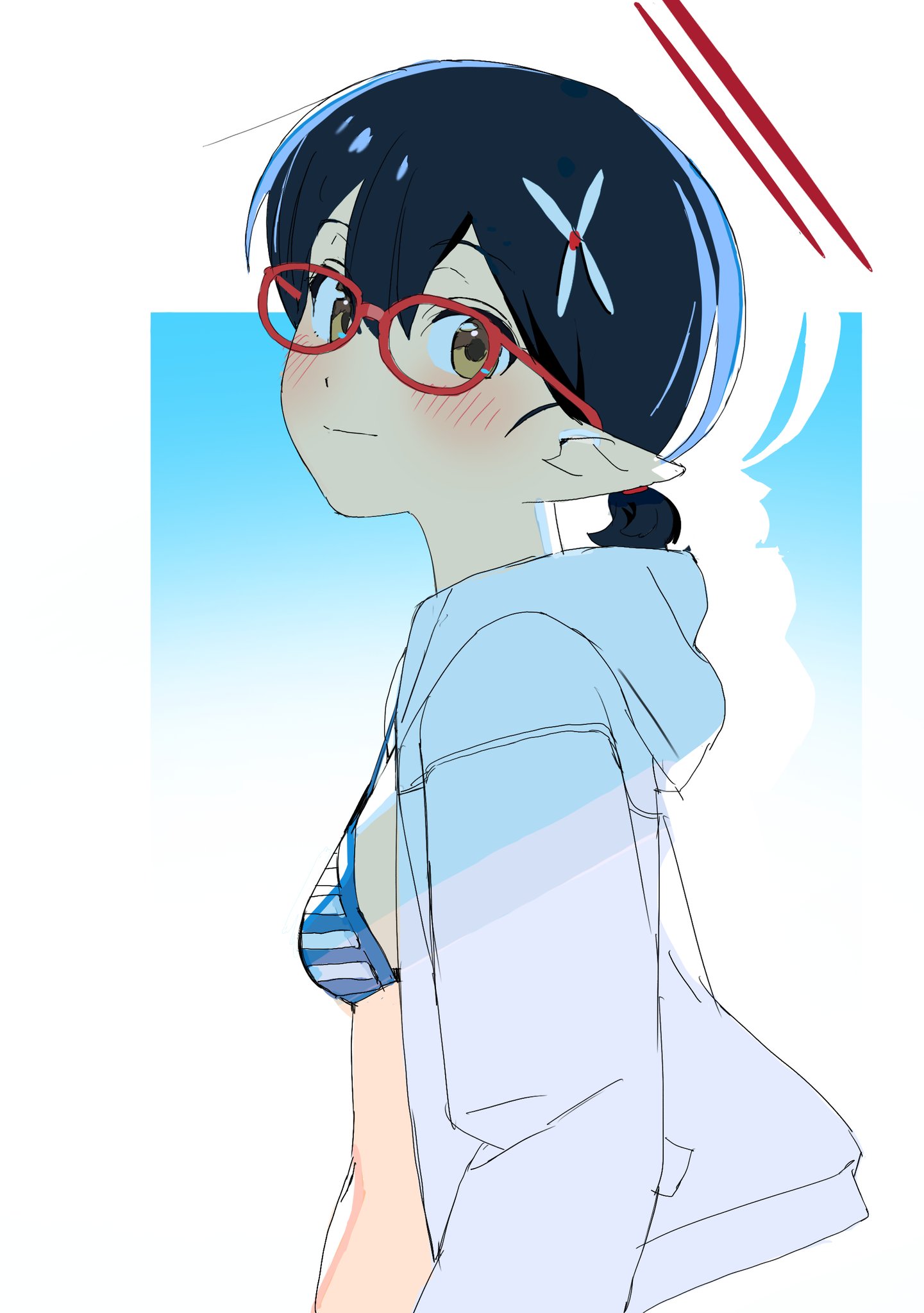 womiriguramu, ayane (blue archive), ayane (swimsuit) (blue archive), blue archive, highres, 1girl, bikini, black hair, blue background, blue bikini, blush, breasts, brown eyes, drop shadow, from side, glasses, gradient background, hair between eyes, hair ornament, halo, hood, hood down, hoodie, light smile, looking at viewer, multicolored bikini, navel, official alternate costume, open clothes, open hoodie, pointy ears, ponytail, red-framed eyewear, red halo, short hair, short ponytail, sketch, small breasts, solo, striped bikini, striped clothes, swimsuit, two-tone background, two-tone bikini, white background, white bikini, white hoodie