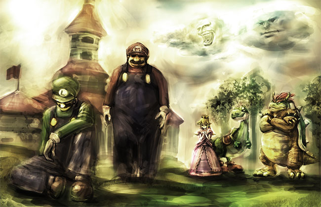 kitakazuki, bowser, koopa, luigi, mario, princess peach, yoshi, mario (series), nintendo, bad id, bad pixiv id, 1girl, 2boys, castle, cloud, dinosaur, everyone, multiple boys, princess peach's castle, realistic