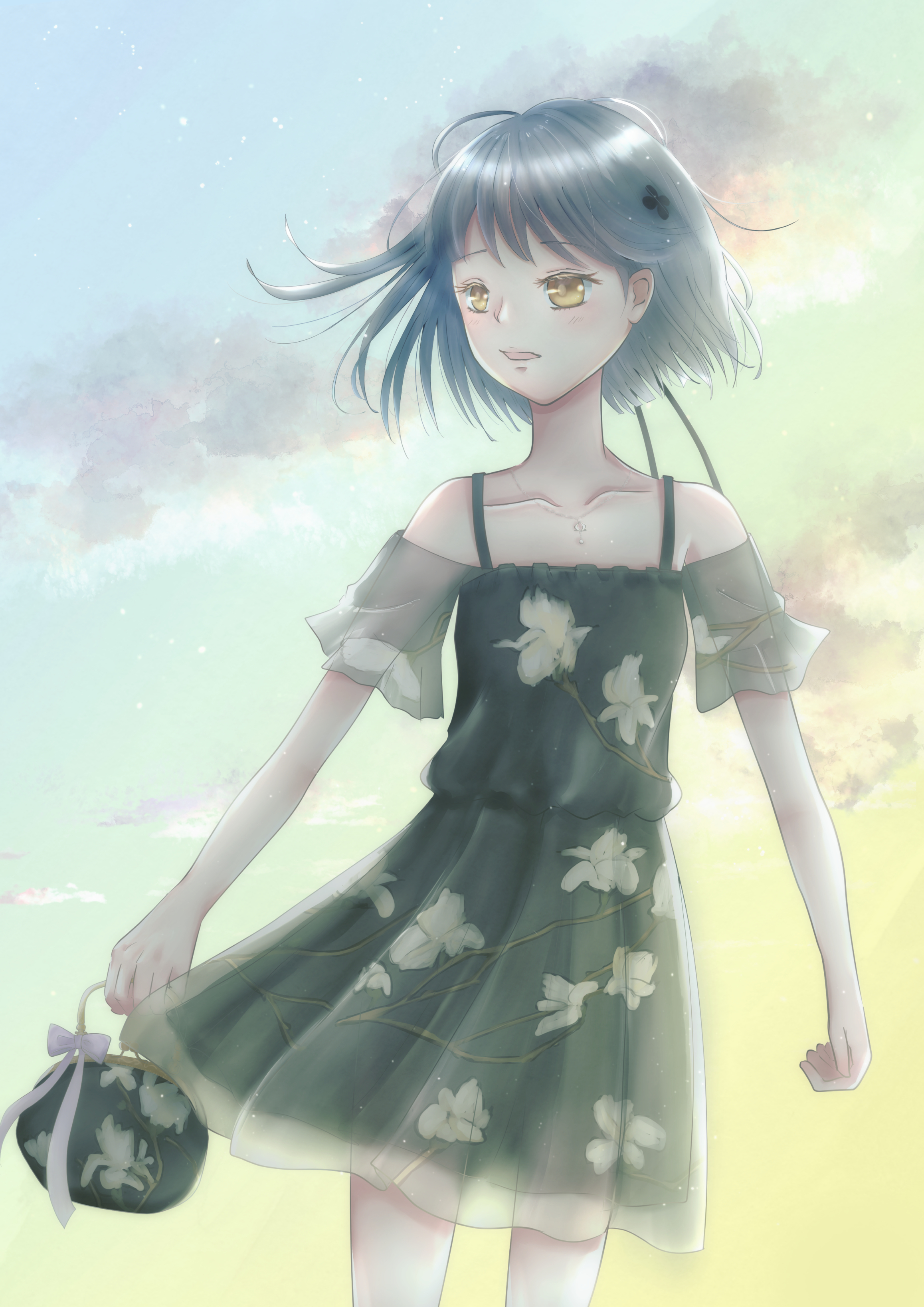 sherryxpix, nikki (series), shining nikki, absurdres, commentary request, highres, 1girl, bag, bare shoulders, black bag, black dress, black flower, blooming magnolia (shining nikki), blue sky, bow, cloud, collarbone, cowboy shot, detached sleeves, dress, expressionless, floating hair, floral print, flower, gradient sky, grey hair, grey sleeves, hair flower, hair ornament, handbag, holding, holding bag, light particles, looking to the side, magnolia, outdoors, pleated dress, print bag, print dress, print sleeves, see-through clothes, see-through sleeves, short hair, shorts, sky, sleeveless, sleeveless dress, solo, standing, sunrise, white bow, wind, yellow sky, yexiao (shining nikki)