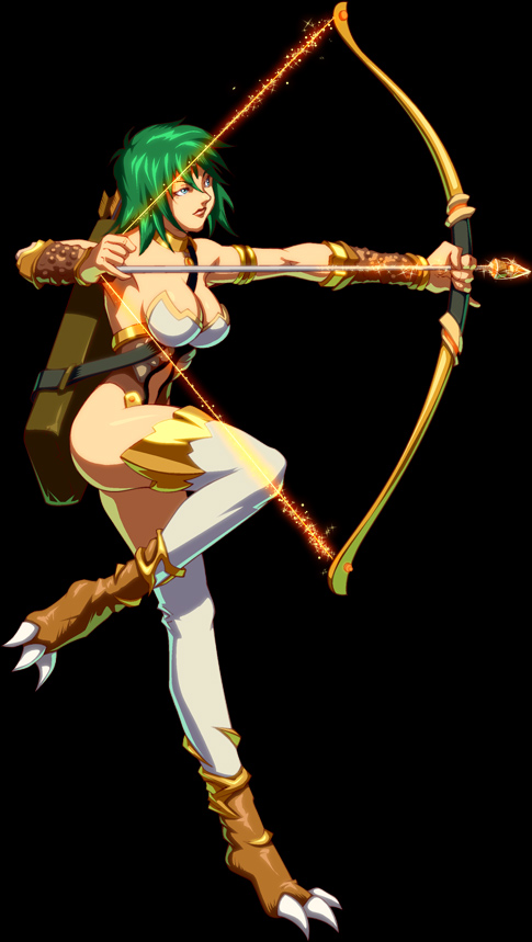 kevin lau, udon entertainment, andromeda (kongai), archer (fate), fate (series), kongai, looking away, official art, 1girl, aiming, animal hands, armlet, arrow (projectile), ass, bare shoulders, between breasts, black background, blue eyes, bodysuit, bow (weapon), bra, breasts, claws, cleavage, expressionless, fantasy, female focus, fighting stance, full body, glowing, green hair, hair between eyes, holding, jewelry, large breasts, leg lift, leotard, lingerie, lipstick, magic, makeup, neck ring, outstretched arm, paw shoes, profile, quiver, shoes, short hair, sideboob, simple background, solo, standing, standing on one leg, strap, talons, thighhighs, underwear, vambraces, weapon, white thighhighs