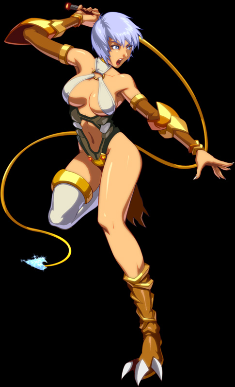 1girl, black background, blue eyes, blue hair, bodysuit, breasts, center opening, claw boots, cleavage cutout, clothing cutout, female focus, gauntlets, halterneck, large breasts, leotard, matching hair/eyes, no bra, open mouth, revealing clothes, short hair, simple background, single thighhigh, solo, thighhighs, whip