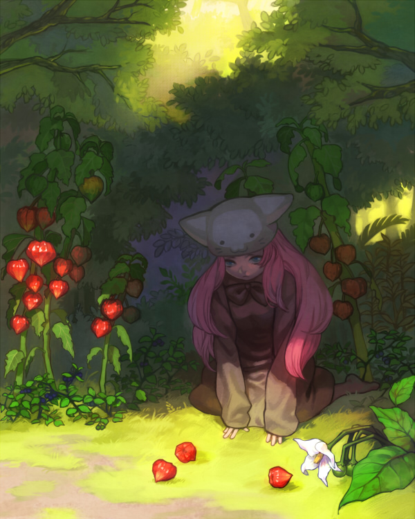 esukee, esukei, megurine luka, megurine luka (toeto), toeto (vocaloid), vocaloid, bad id, bad pixiv id, 1girl, animal hat, barefoot, blue eyes, cat hat, chinese lantern (plant), female focus, flower, hat, kneeling, long hair, nature, pink hair, solo