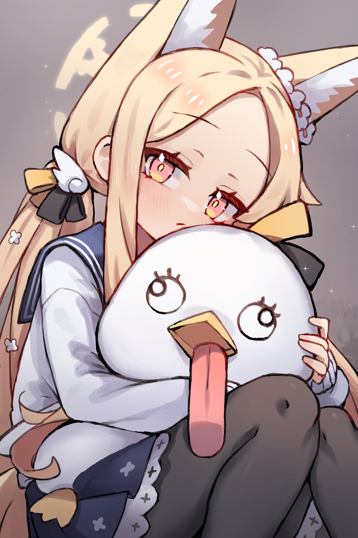 miya (miyaruta), hifumi (blue archive), peroro (blue archive), seia (blue archive), blue archive, commentary, english commentary, highres, 1girl, animal ears, black pantyhose, blonde hair, blue sailor collar, blue skirt, cardigan, closed mouth, cosplay, extra ears, fox ears, fox girl, grey background, halo, hifumi (blue archive) (cosplay), holding, holding stuffed toy, long hair, looking at viewer, miniskirt, pantyhose, parted bangs, pink eyes, sailor collar, simple background, sitting, skirt, sleeves past wrists, solo, stuffed animal, stuffed toy, twintails, very long hair, white cardigan, yellow halo