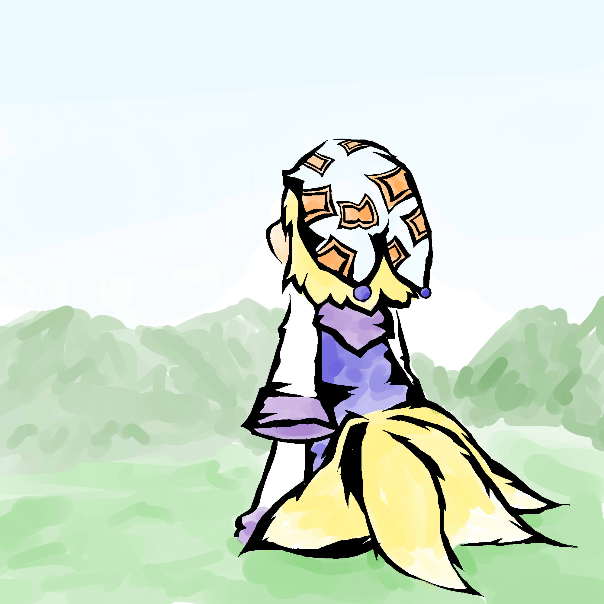 neko otoko, yakumo ran, touhou, highres, 1girl, animal hat, blonde hair, blue sky, chibi, day, female focus, hat, long sleeves, mob cap, mountain, outdoors, short hair, sky, solo, tail, wide sleeves