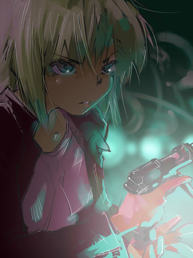 kuruwa (artist), teoshiguruma, aya brea, parasite eve (series), parasite eve i, 1girl, blonde hair, female focus, green eyes, gun, solo, weapon