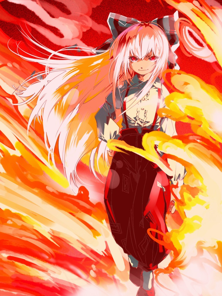 kuruwa (artist), teoshiguruma, fujiwara no mokou, touhou, silver hair, 1girl, female focus, fire, hand on own hip, hip focus, long hair, red eyes, red theme, ribbon, smile, solo, suspenders