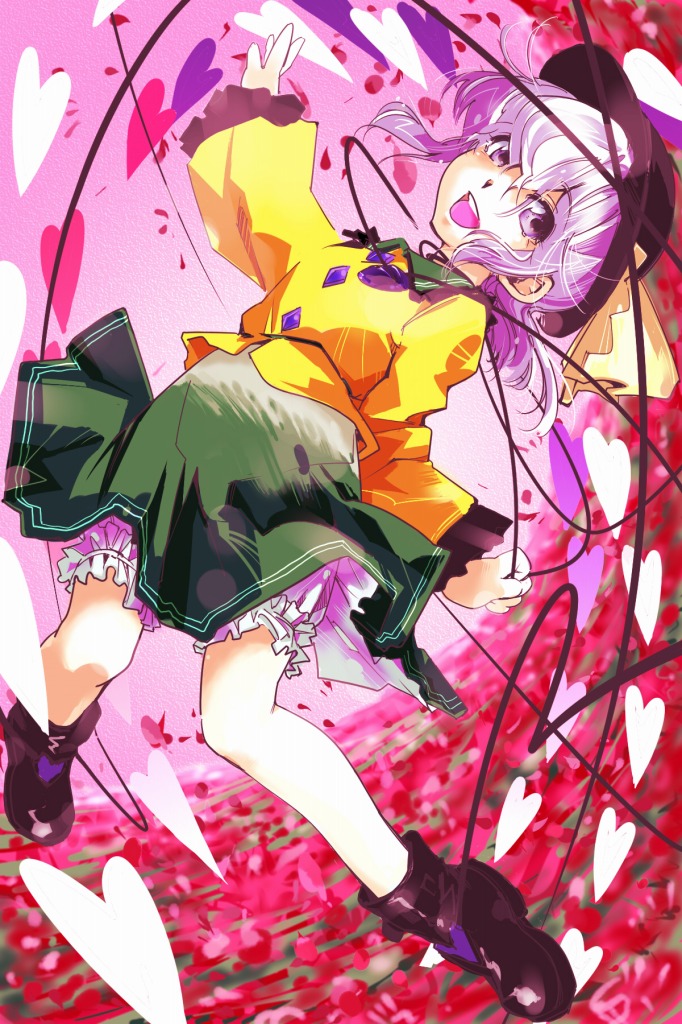kuruwa (artist), teoshiguruma, komeiji koishi, touhou, silver hair, 1girl, black boots, black hat, bloomers, boots, buttons, collar, diamond button, female focus, frilled shirt collar, frills, full body, green skirt, hat, heart, heart background, long sleeves, looking at viewer, open mouth, shirt, short hair, silhouette, skirt, solo, teeth, underwear, yellow shirt