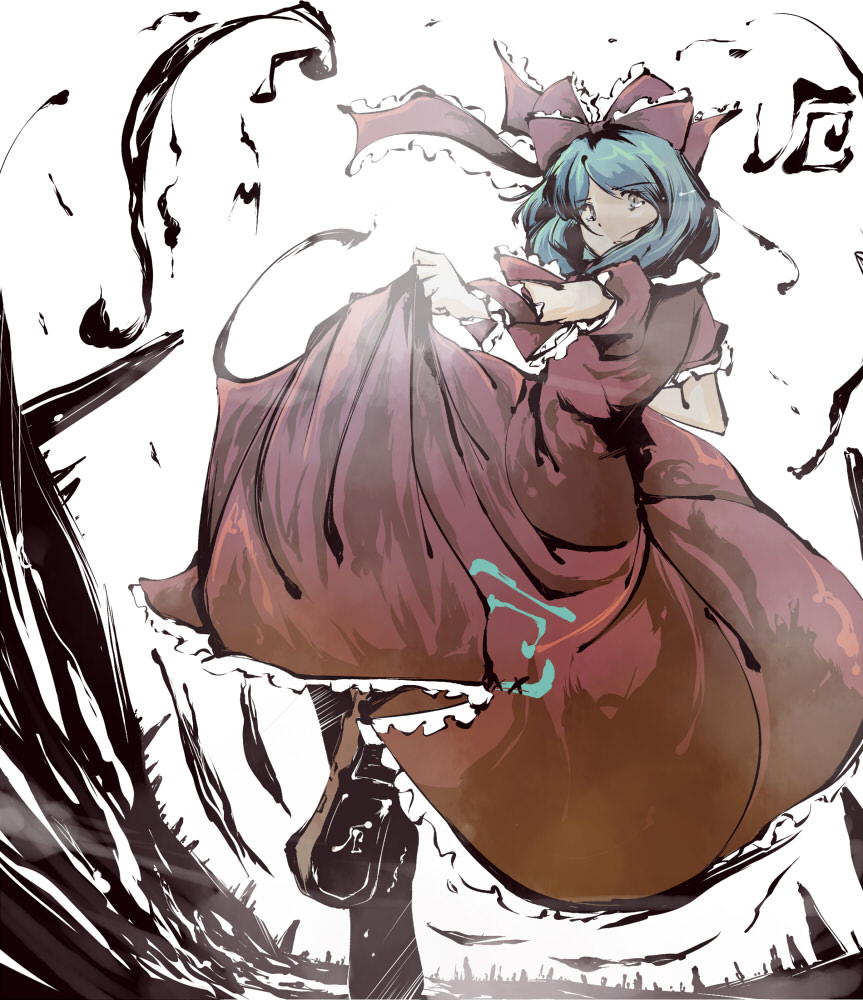 ryuu, ryuu (tsukinoyuki), kagiyama hina, touhou, 1girl, female focus, front ponytail, green hair, ribbon, solo