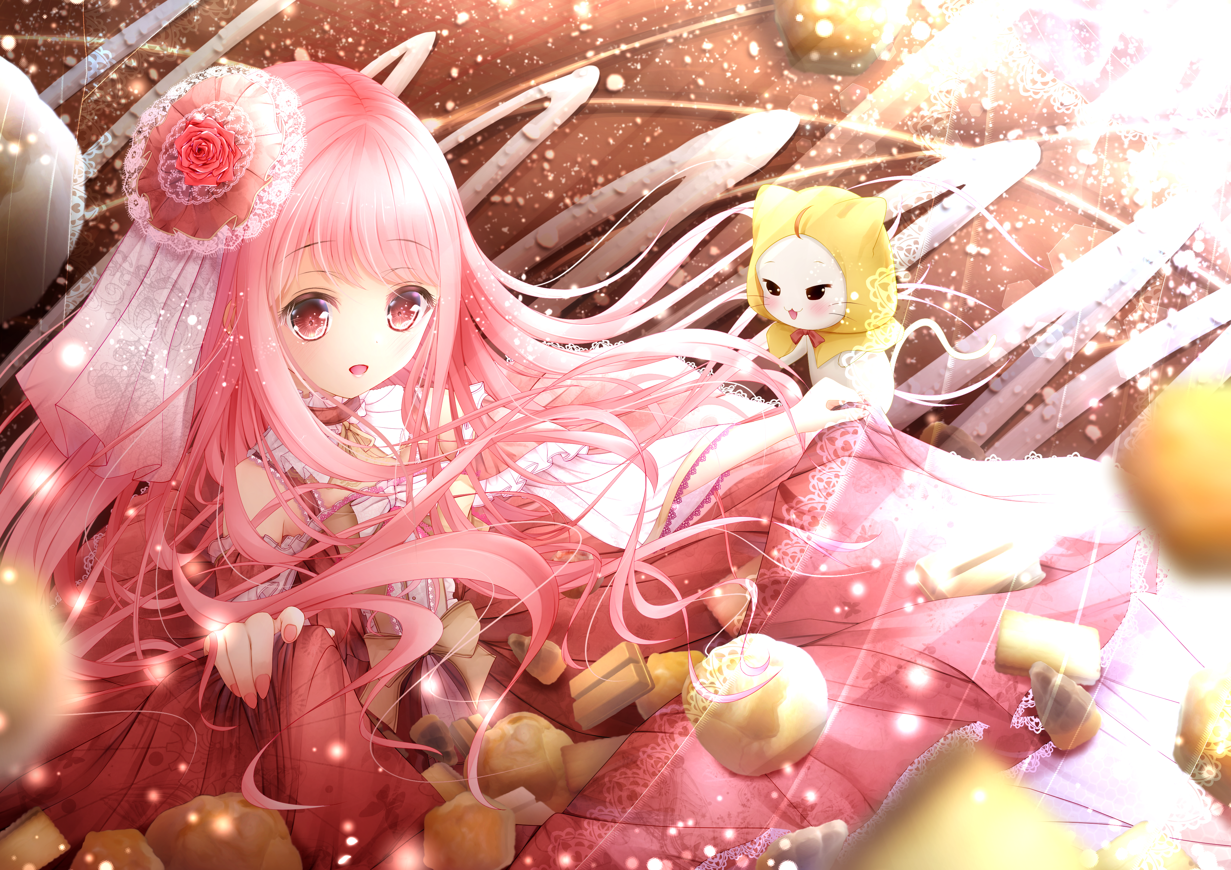 momo (nikki), nikki (nikki), nikki (series), shining nikki, absurdres, commentary request, highres, 1girl, ahoge, animal, araragi himegiku, bare shoulders, black eyes, bow, bowtie, brown bow, brown bowtie, brown eyes, cat, center frills, chocolate, choker, cloak, clothed animal, cowboy shot, detached sleeves, dress, ear covers, floating hair, floral print, flower, french commentary, frilled choker, frilled sleeves, frills, gown, hair flower, hair ornament, happy, hood, hood up, hooded cloak, lace, lace-trimmed dress, lace-trimmed sleeves, lace trim, layered sleeves, light particles, lolita fashion, long dress, long hair, long sidelocks, long sleeves, looking ahead, looking at another, on food, open mouth, pink hair, pleated dress, print veil, red bow, red bowtie, red choker, red dress, red flower, red rose, red sleeves, rose, short over long sleeves, short sleeves, sidelocks, skirt basket, skirt hold, sleeveless, sleeveless dress, smile, tareme, traditional bowtie, veil, very long hair, waist bow, wavy hair, whiskers, white bow, white bowtie, white cat, white sleeves, white veil, yellow cloak