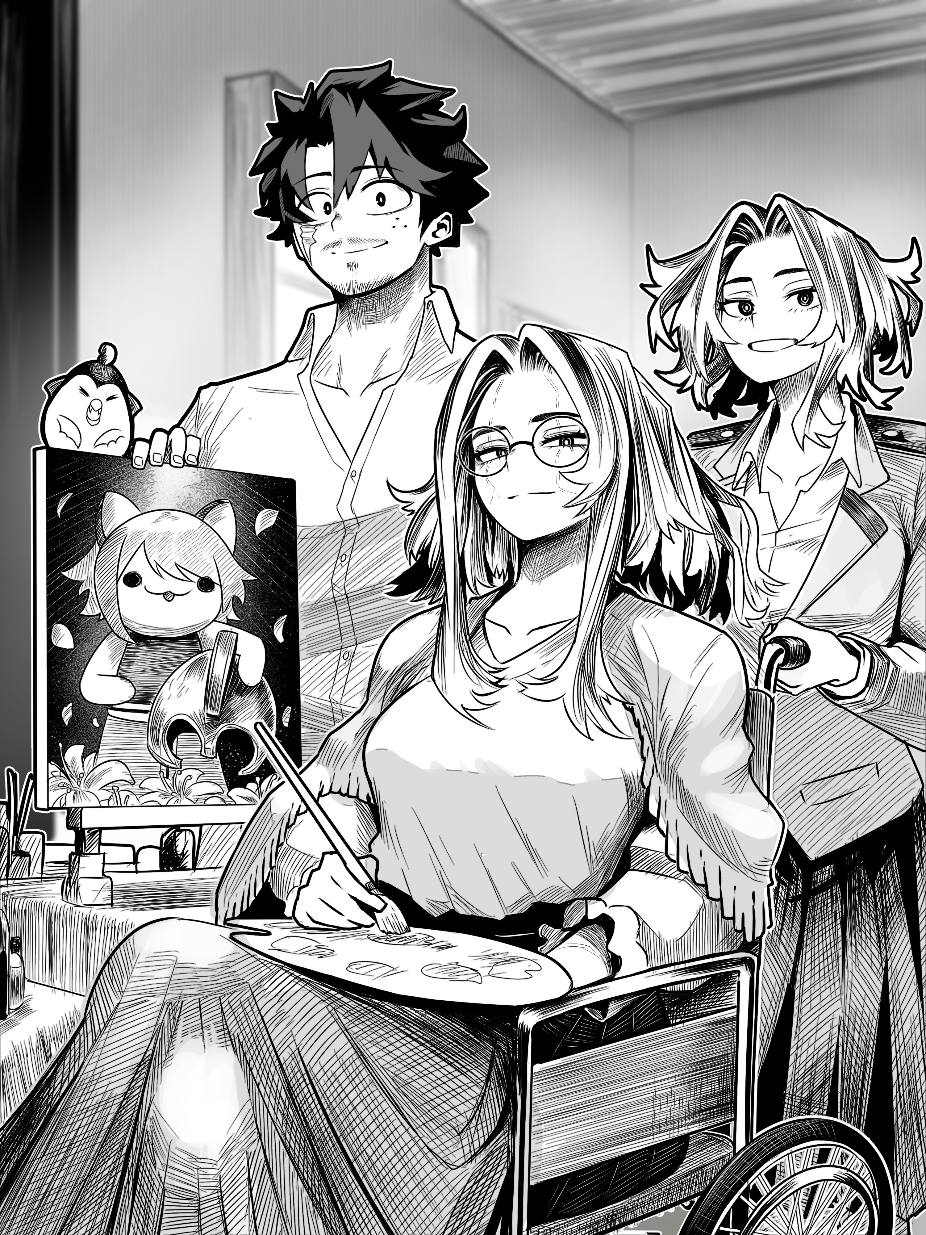 vlizz, lady nagant, midoriya izuku, boku no hero academia, absurdres, highres, 1boy, 2girls, aged up, animal ears, breasts, cleavage, dress, good end, green hair, holding, if they mated, large breasts, long hair, looking at viewer, monochrome, multiple girls, open mouth, scar, shirt, smile, teeth