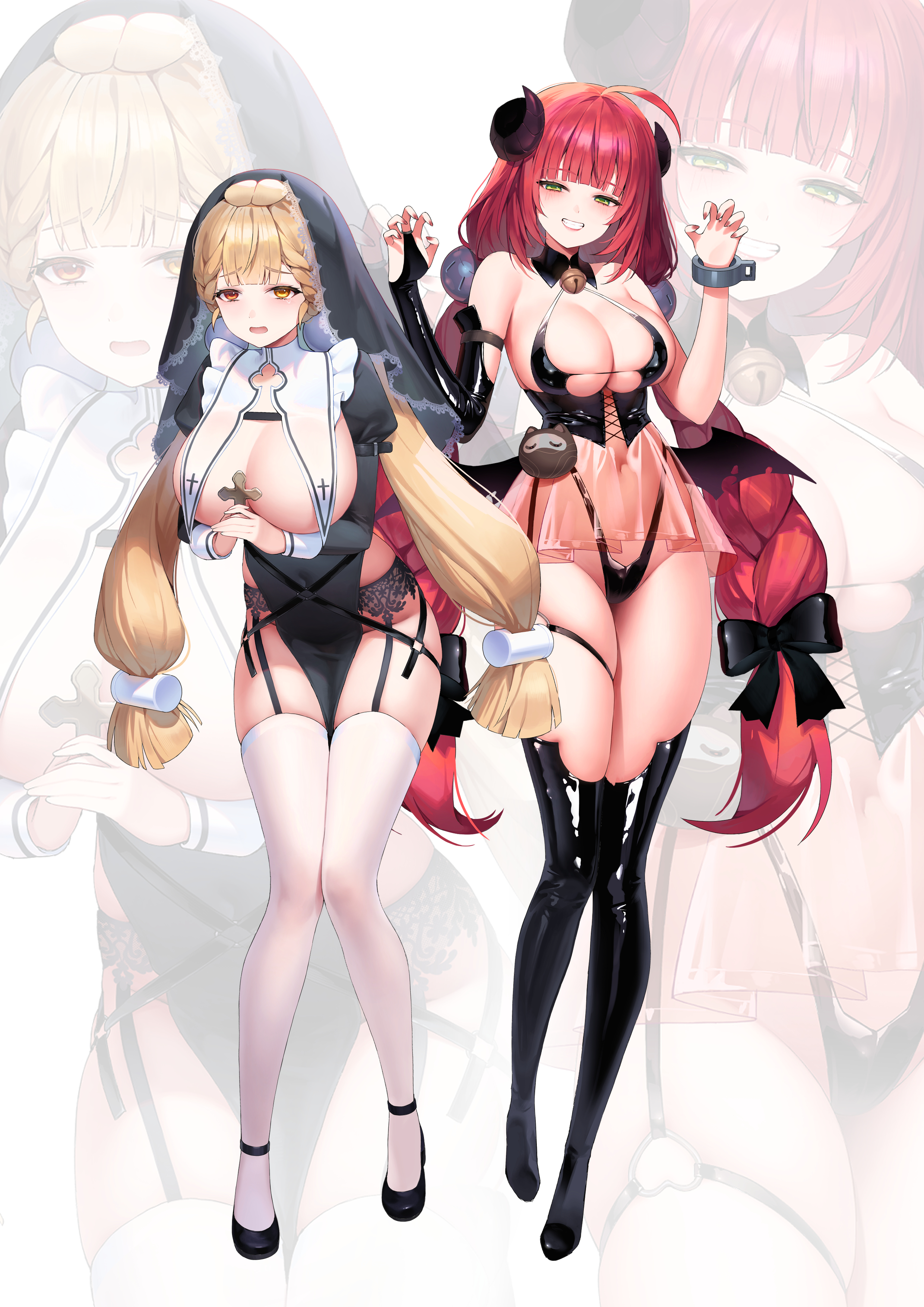 lemonpear, alice thymefield, ukinami yuzuha, zenless zone zero, absurdres, commentary request, highres, 2girls, alternate costume, bare shoulders, bell, black bow, black bridal gauntlets, black dress, black garter straps, black shoes, black thighhighs, black veil, blonde hair, bow, breast curtains, breasts, bridal gauntlets, cleavage, cross, demon horns, dress, fingernails, full body, garter straps, hair bow, hands up, heterochromia, holding, holding cross, horns, jingle bell, large breasts, leaning forward, long hair, long sleeves, multiple girls, nail polish, navel, neck bell, nun, o-ring, open mouth, red eyes, red hair, shoes, single bridal gauntlet, standing, stomach, thighhighs, veil, very long hair, white background, white thighhighs, yellow eyes, zoom layer