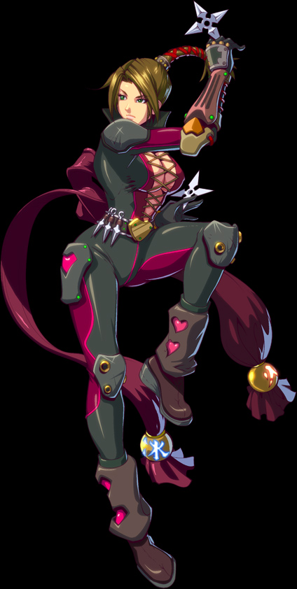 kevin lau, udon entertainment, rumiko (kongai), kongai, looking away, platform footwear, official art, arm up, armor, belt, black background, bodysuit, boots, bow, breasts, brown hair, center opening, cleavage, cross-laced clothes, dual wielding, frown, full body, gauntlets, gloves, glowing, green eyes, hair ribbon, heart, holding, knee pads, kunai, large breasts, leg lift, midriff, ninja, no bra, pauldrons, platform boots, ponytail, ribbon, rumiko, scrunchie, shoulder armor, shuriken, simple background, solo, standing, standing on one leg, weapon