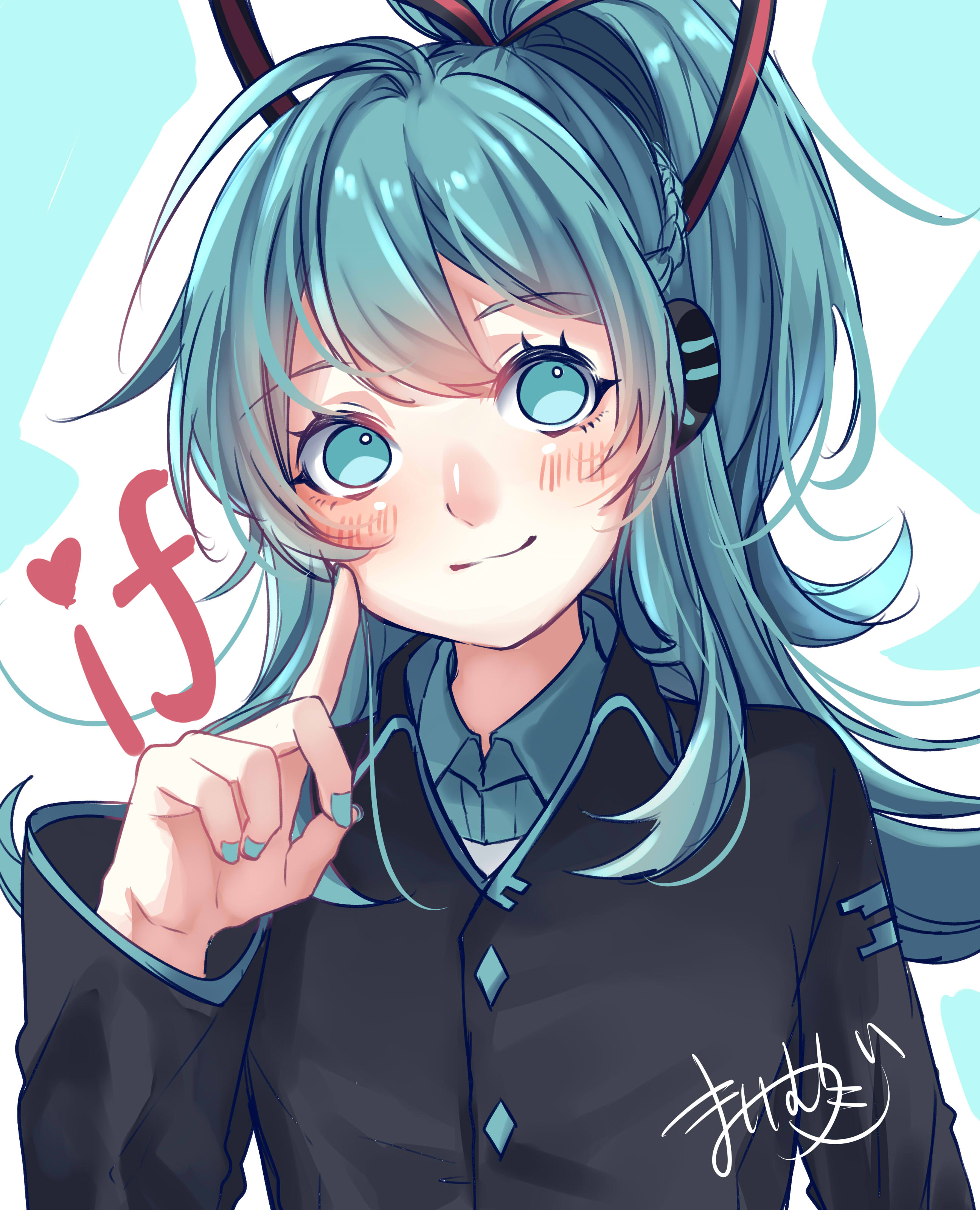 mai mugi, hatsune miku, hatsune miku (if), vocaloid, absurdres, highres, 1girl, aqua eyes, aqua hair, aqua nails, aqua trim, black jacket, blush, closed mouth, hair between eyes, hair ornament, hair ribbon, headset, jacket, long hair, long sleeves, official alternate costume, official alternate hairstyle, ponytail, red ribbon, ribbon, smile, solo, very long hair