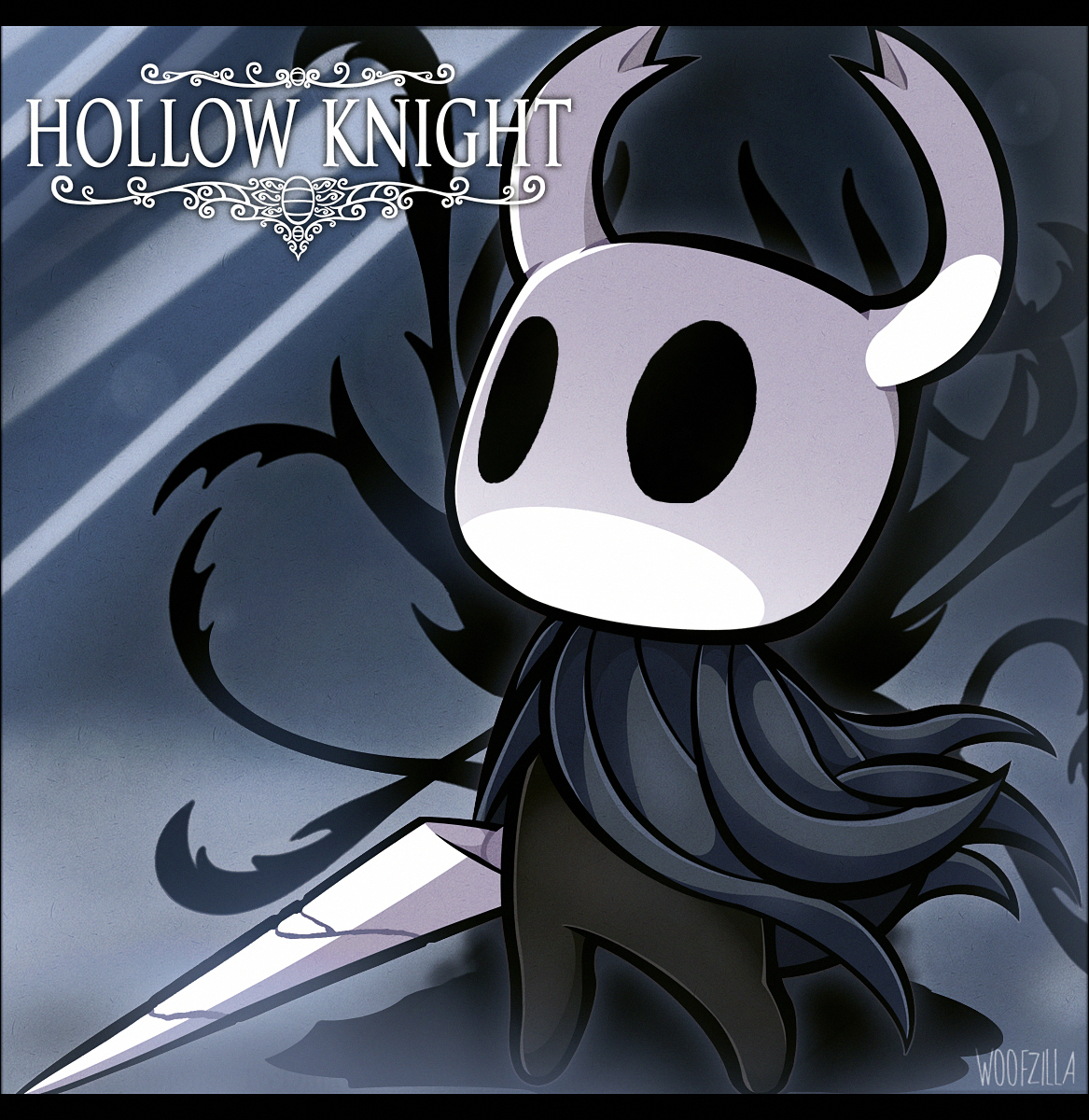 woofzilla, knight (hollow knight), hollow knight, commentary, english commentary, highres, 1other, black eyes, copyright name, full body, grey background, holding, holding weapon, looking up, signature, standing, weapon