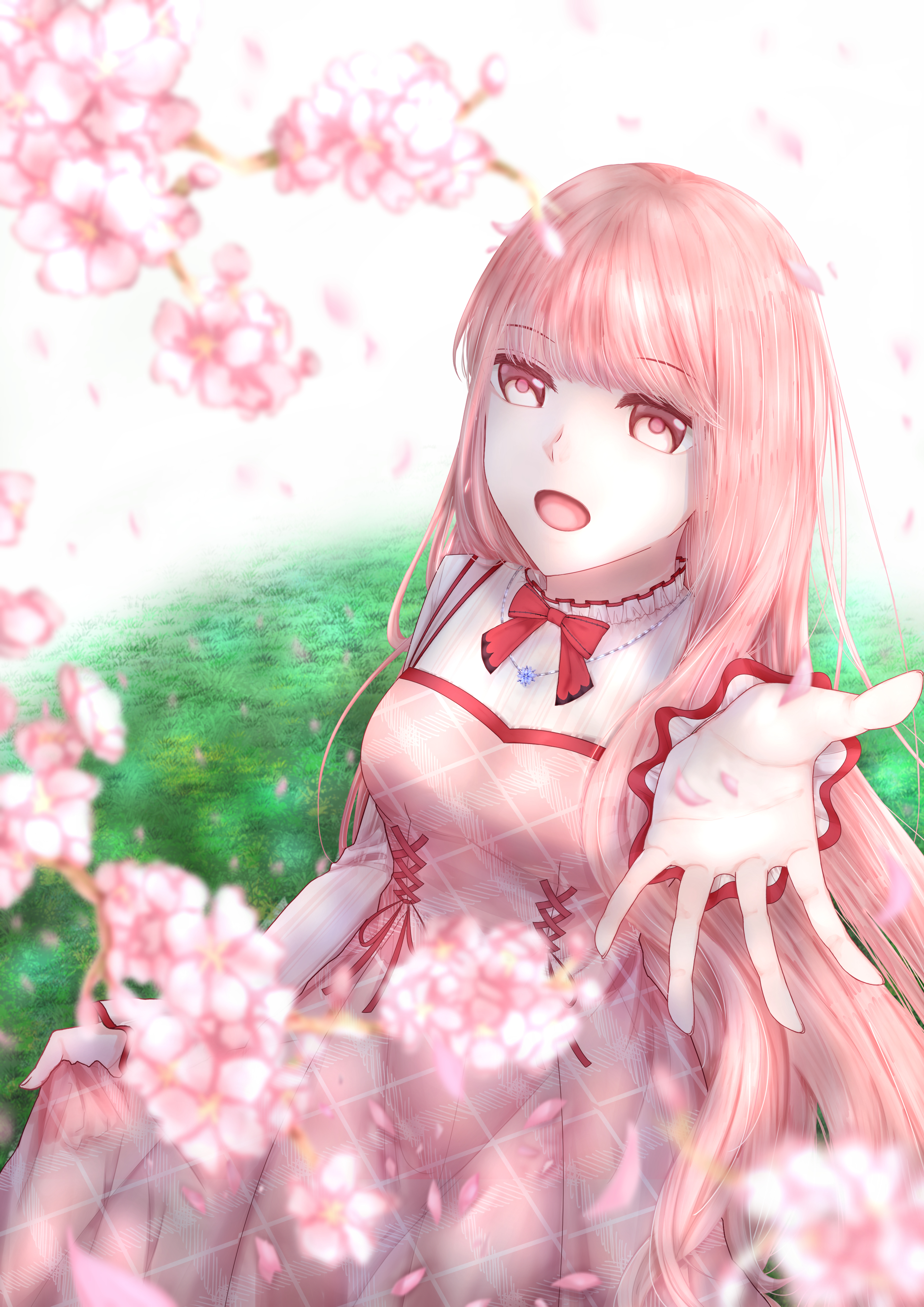 bloom poetry (shining nikki), nikki (nikki), nikki (series), shining nikki, absurdres, commentary request, highres, 1girl, argyle clothes, argyle dress, blunt bangs, bow, bowtie, branch, cherry blossoms, cowboy shot, cross-laced clothes, cross-laced dress, day, dress, dress ribbon, falling petals, flower, frilled shirt, frilled sleeves, frills, happy, long hair, long sidelocks, long sleeves, on grass, open mouth, outdoors, outstretched hand, petals, pinafore dress, pink dress, pink eyes, pink flower, pink hair, pleated dress, pointy nose, red bow, red bowtie, red ribbon, ribbon, shirt, sidelocks, sitting, skirt hold, sky, sleeveless, sleeveless dress, sleeves past wrists, smile, snowflake necklace, solo, spring (season), touka (pixiv 68468747), very long hair, wavy hair, white shirt, white sky, wind