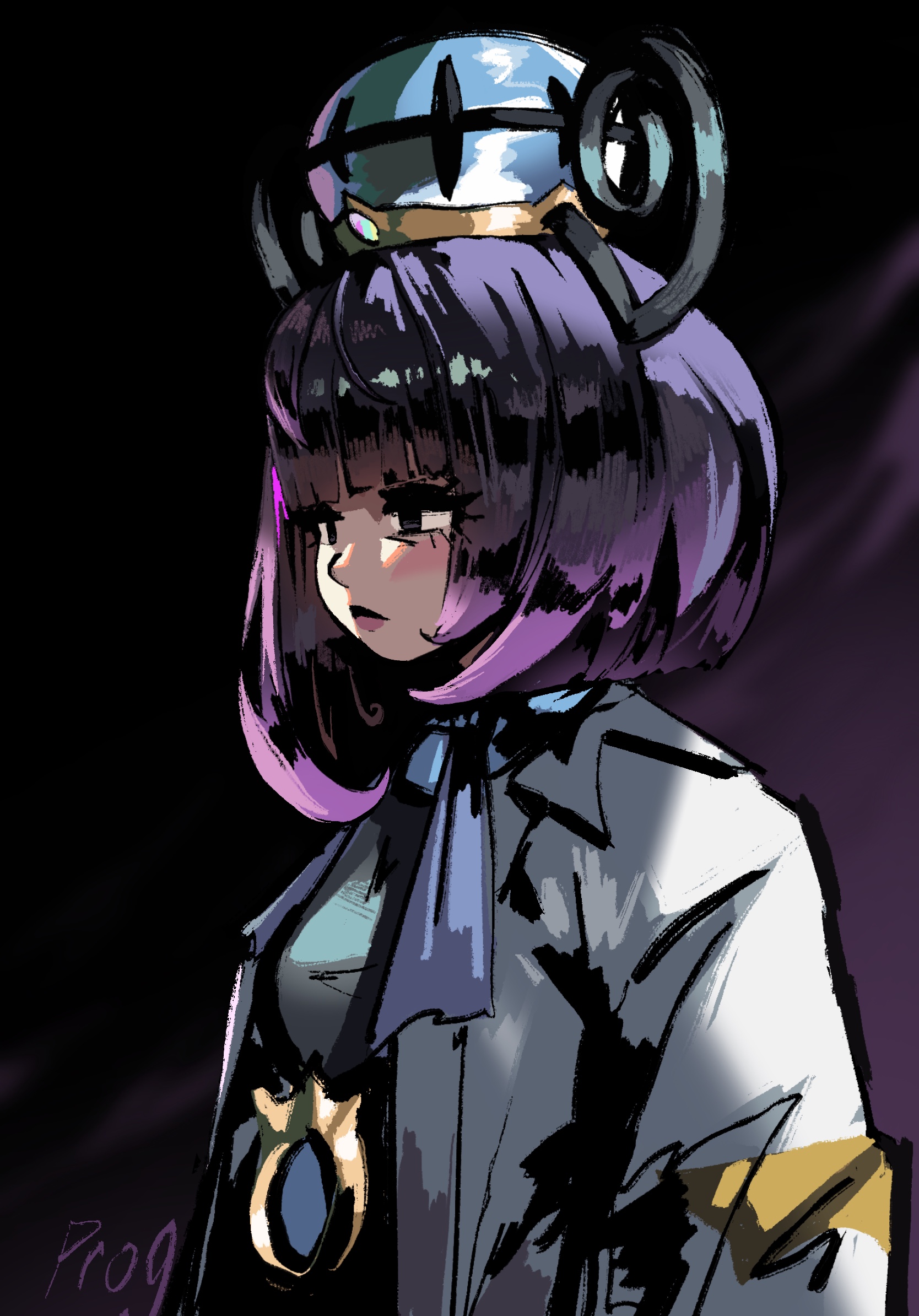 prog ares, gwynn (pokemon), nintendo, pokemon, pokemon legends: z-a, highres, 1girl, artist name, black hair, bob cut, closed mouth, coat, dress, eyelashes, from side, gradient hair, long sleeves, multicolored hair, open clothes, open coat, purple hair, short hair, solo, upper body, white coat