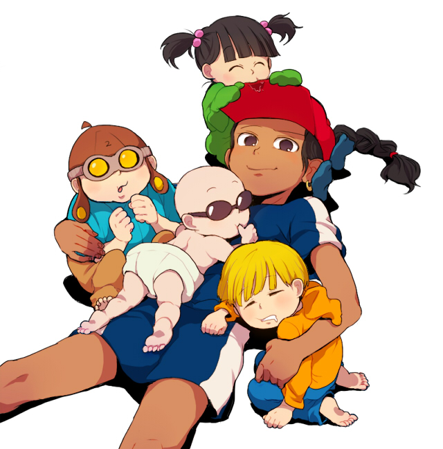 t k g, numbuh 1, numbuh 2, numbuh 3, numbuh 4, numbuh 5, codename: kids next door, commentary request, duplicate, 1girl, 3boys, age difference, aged down, baby, bald, black hair, blonde hair, braid, clenched hands, closed eyes, dark skin, diaper, drooling, earrings, goggles, hair bobbles, hair ornament, hat, hood, hoodie, jewelry, long sleeves, looking at viewer, looking back, looking up, lying, multiple boys, on back, on stomach, open mouth, saliva, shadow, short twintails, simple background, sitting, sleeping, sleeves past wrists, smile, sunglasses, thumb sucking, twintails, white background