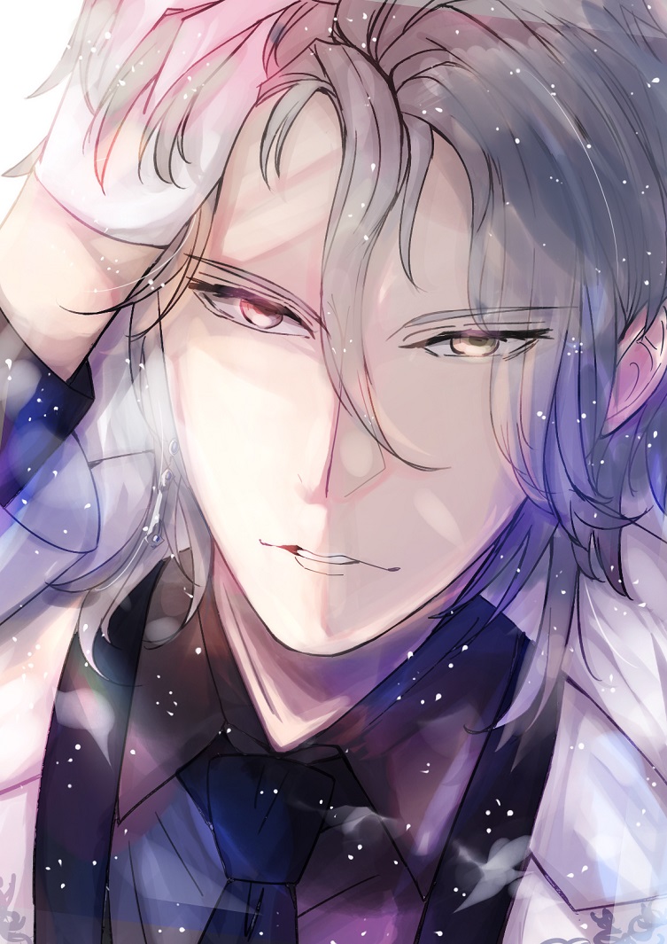 osakilo, nikki (series), shining nikki, commentary request, 1boy, black jacket, black necktie, coat, collared coat, collared shirt, expressionless, eyelashes, gloves, grey hair, grey shirt, hair between eyes, hand in own hair, jacket, lapels, light particles, long hair between eyes, male focus, mercury (shining nikki), necktie, notched lapels, parted lips, shirt, short hair, solo, teeth, upper body, white background, white coat, white gloves, yellow eyes
