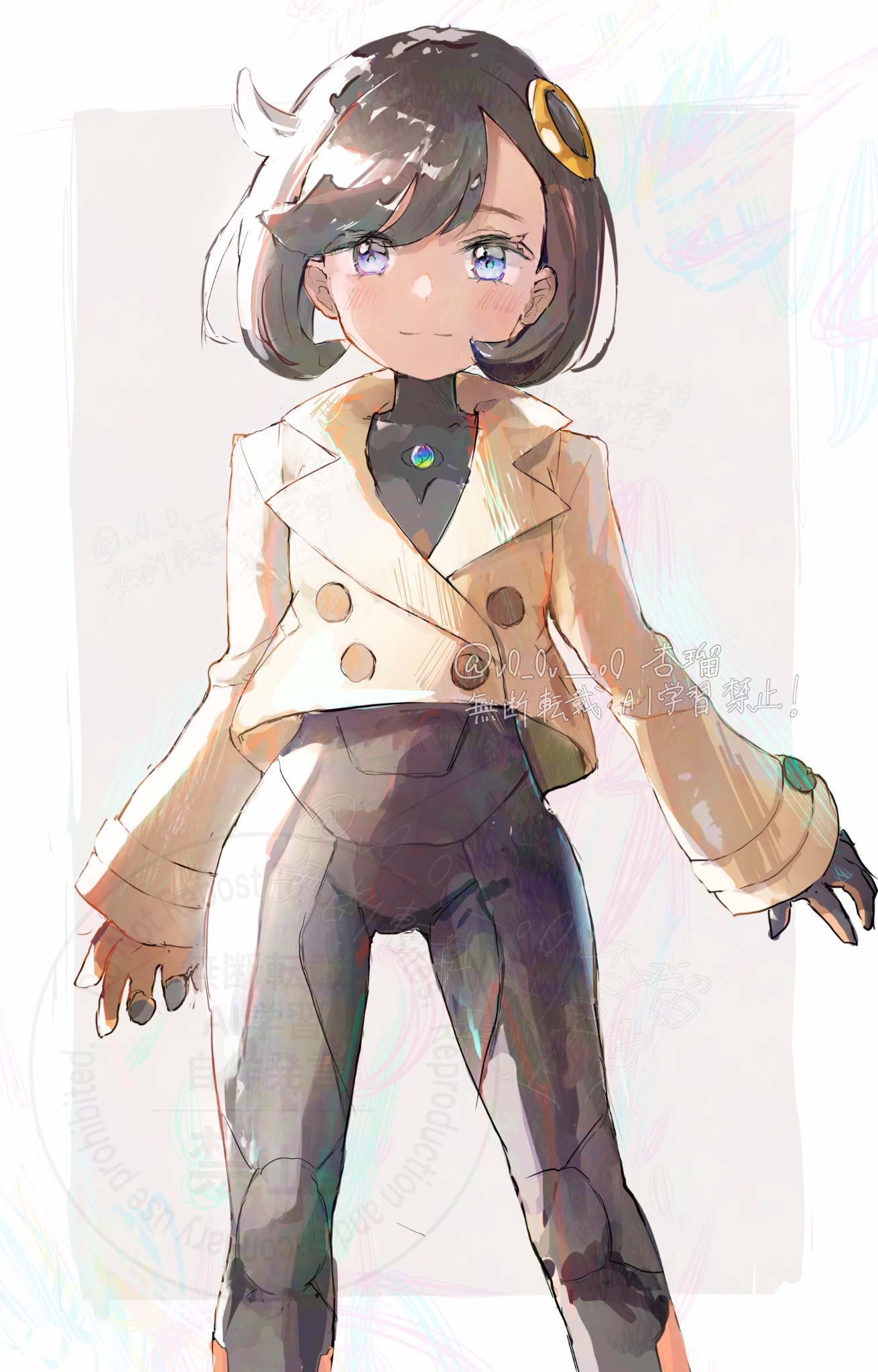 anzu (v0 0v o0), emma (pokemon), nintendo, pokemon, pokemon legends: z-a, highres, 1girl, black bodysuit, black hair, black jacket, blush, bodysuit, closed mouth, cowboy shot, dark-skinned female, dark skin, jacket, long sleeves, looking at viewer, mega stone, purple eyes, short hair, smile, solo, twitter username