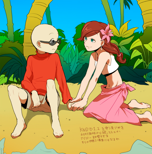t k g, katie (knd), numbuh 1, codename: kids next door, commentary, duplicate, translation request, 1boy, 1girl, bald, barefoot, beach, earrings, eye contact, flower, hair flower, hair ornament, hand grab, jewelry, kneeling, looking at another, navel, outdoors, palm tree, ponytail, sarong, shorts, smile, sunglasses, tree, water