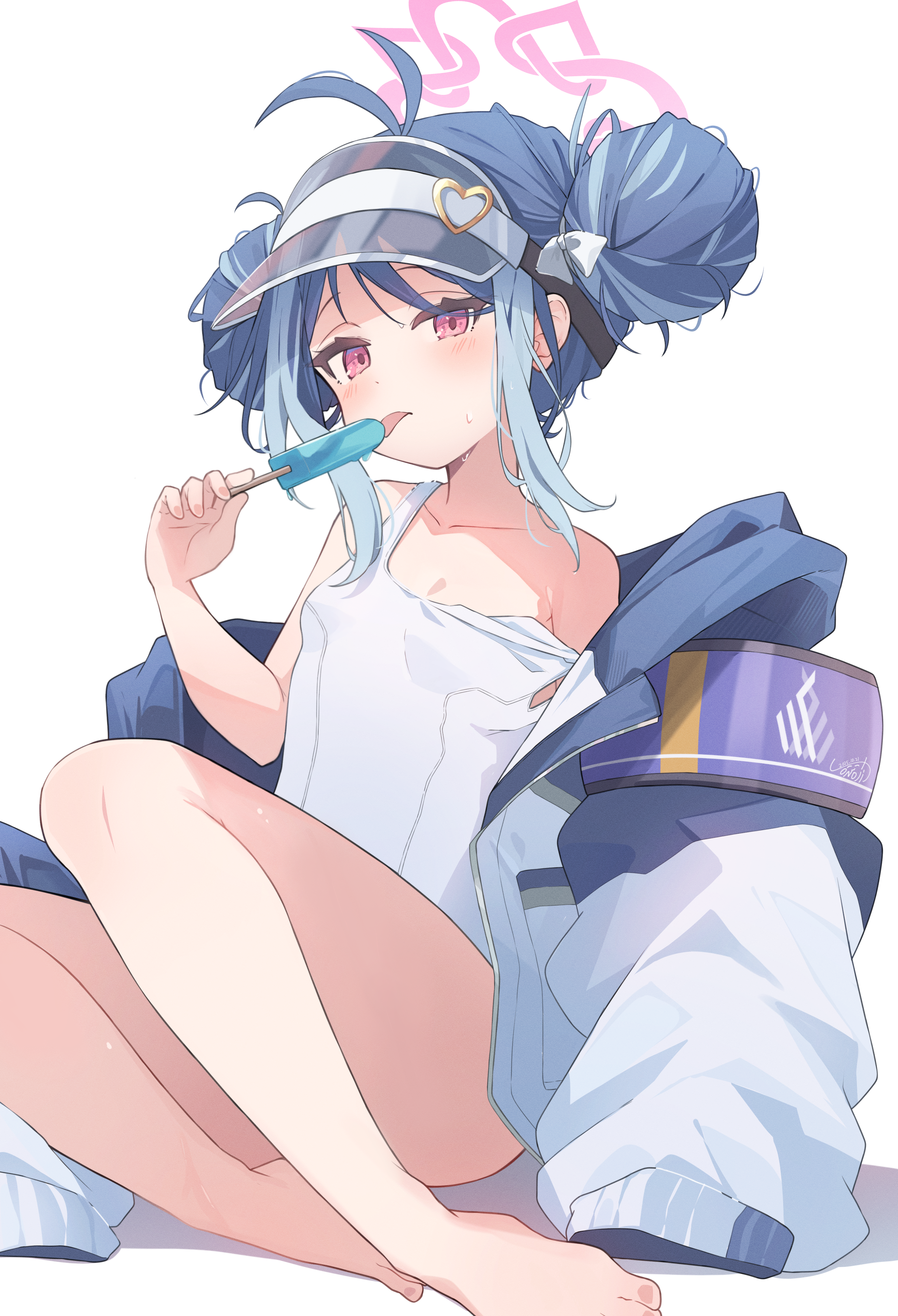 sonoji, fubuki (blue archive), fubuki (swimsuit) (blue archive), blue archive, absurdres, highres, 1girl, antenna hair, armband, blue hair, breasts, double bun, food, hair bun, halo, jacket, looking at viewer, multicolored hair, official alternate costume, one-piece swimsuit, pink halo, popsicle, purple armband, red eyes, school swimsuit, simple background, sitting, small breasts, solo, strap slip, swimsuit, two-tone hair, white background, white jacket, white one-piece swimsuit, yokozuwari