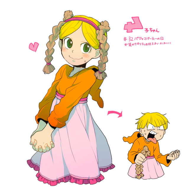 t k g, numbuh 4, codename: kids next door, commentary request, duplicate, translation request, 1boy, arrow (symbol), blonde hair, blush, clenched hand, constricted pupils, crossdressing, crossdressing (mtf), dual persona, green eyes, heart, hood, hoodie, looking at viewer, male focus, open mouth, own hands clasped, own hands together, simple background, skirt, smile, sweatdrop, tongue, tongue out, wavy mouth, white background