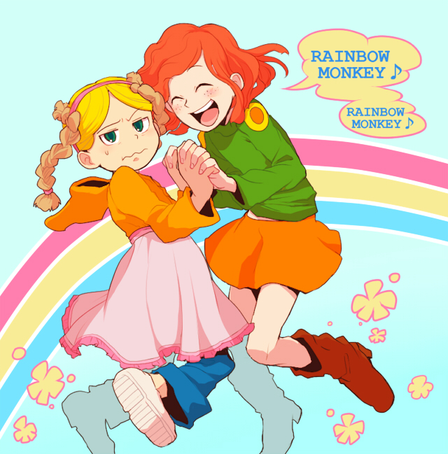 t k g, numbuh 4, numbuh 86, codename: kids next door, commentary request, duplicate, 1boy, 1girl, blonde hair, blush, boots, brown boots, closed eyes, cowboy boots, crossdressing, english text, flower, freckles, green eyes, holding hands, hood, hoodie, interlocked fingers, looking at viewer, music, musical note, open mouth, rainbow, red hair, shoes, singing, skirt, smile, sneakers, sweatdrop, wavy hair, wavy mouth, white shoes
