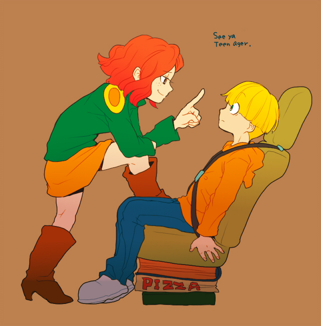 t k g, numbuh 4, numbuh 86, codename: kids next door, commentary request, duplicate, 1boy, 1girl, blonde hair, blunt bangs, book, boots, bowl cut, brown background, brown boots, brown eyes, car seat, constricted pupils, cowboy boots, english text, eye contact, freckles, from side, green eyes, high heels, hood, hoodie, index finger raised, leg up, long sleeves, looking at another, orange skirt, pizza box, profile, red hair, restrained, seatbelt, simple background, sitting, skirt, smile, standing, wavy hair, wide-eyed
